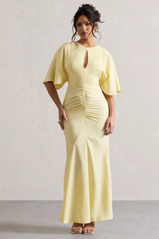 Elidy | Pastel Yellow Ruched Flutter-Sleeve Cut-Out Maxi Dress