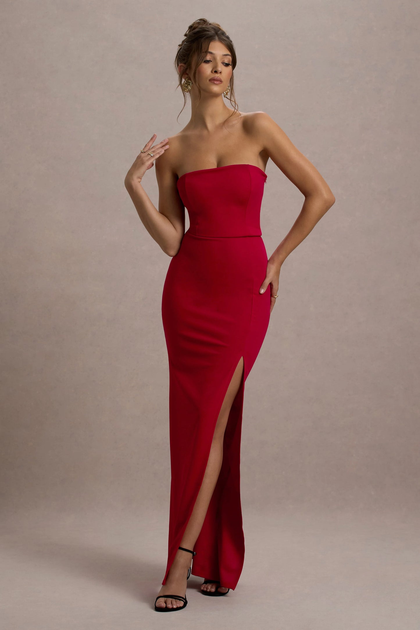 Belle of The Ball | Red Bandeau Maxi Dress With Split Hem