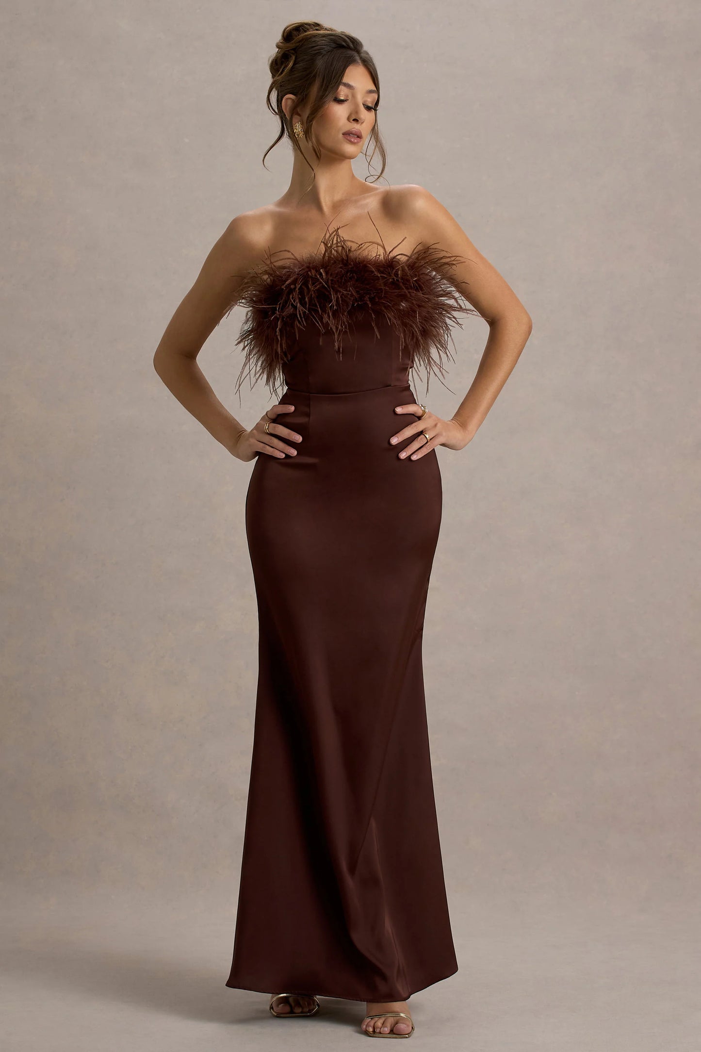 Dress For It | Brown Satin Feather Trim Bandeau Maxi Dress