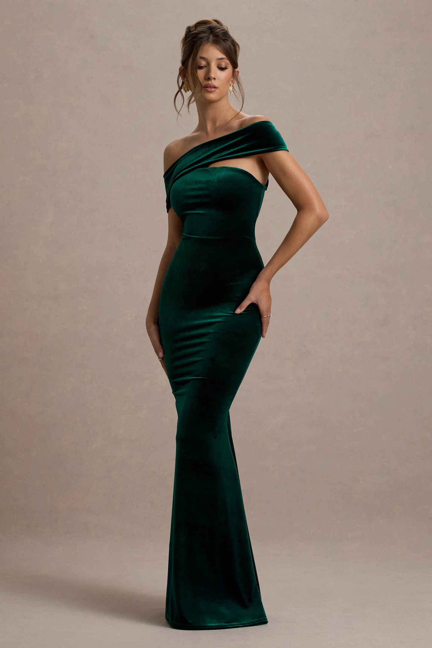 Candela | Bottle Green Velvet Asymmetric Bardot Maxi Dress