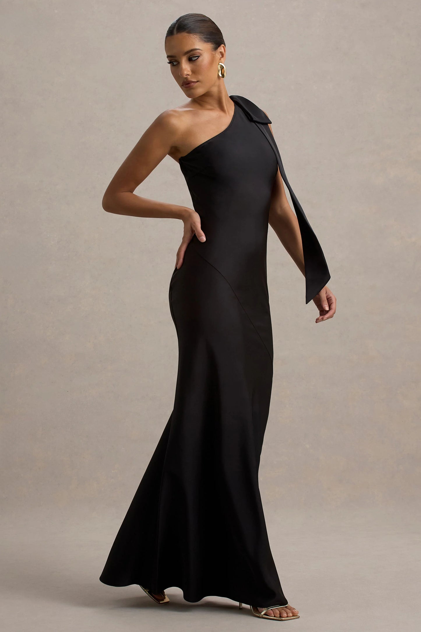 Here For Love | Black Satin Asymmetric Maxi Dress With Bow