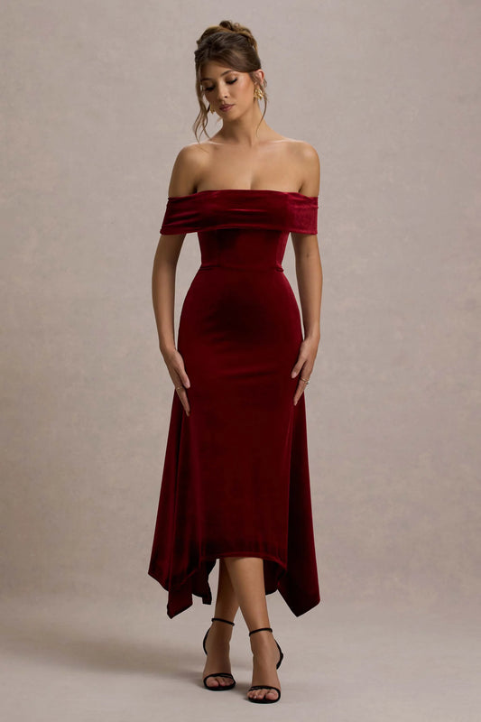 Halia | Berry Velvet Bardot Midi Dress