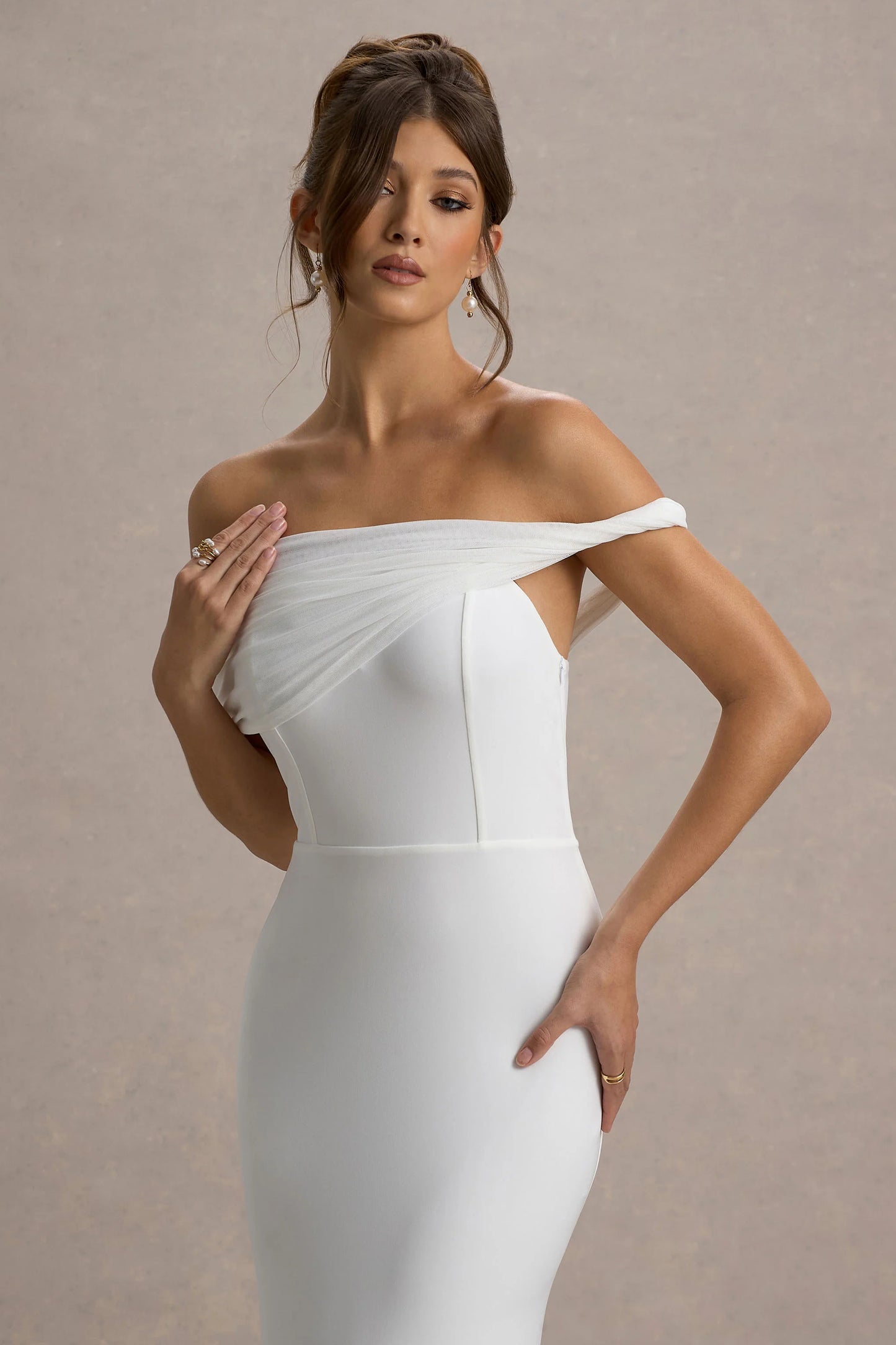 Alonza | White Twisted Bardot Maxi Dress