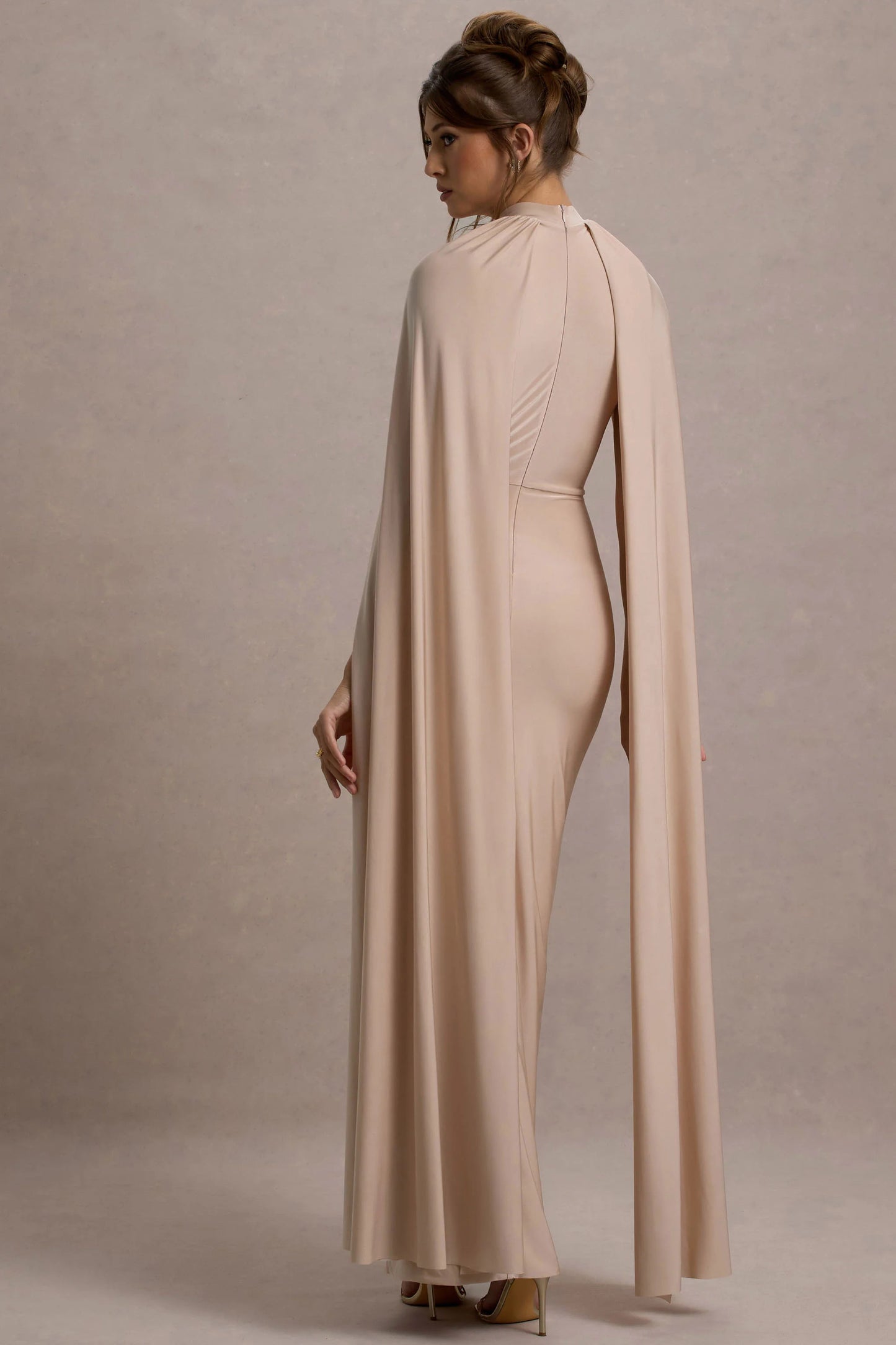 Darielle | Champagne High-Neck Cape-Sleeve Maxi Dress