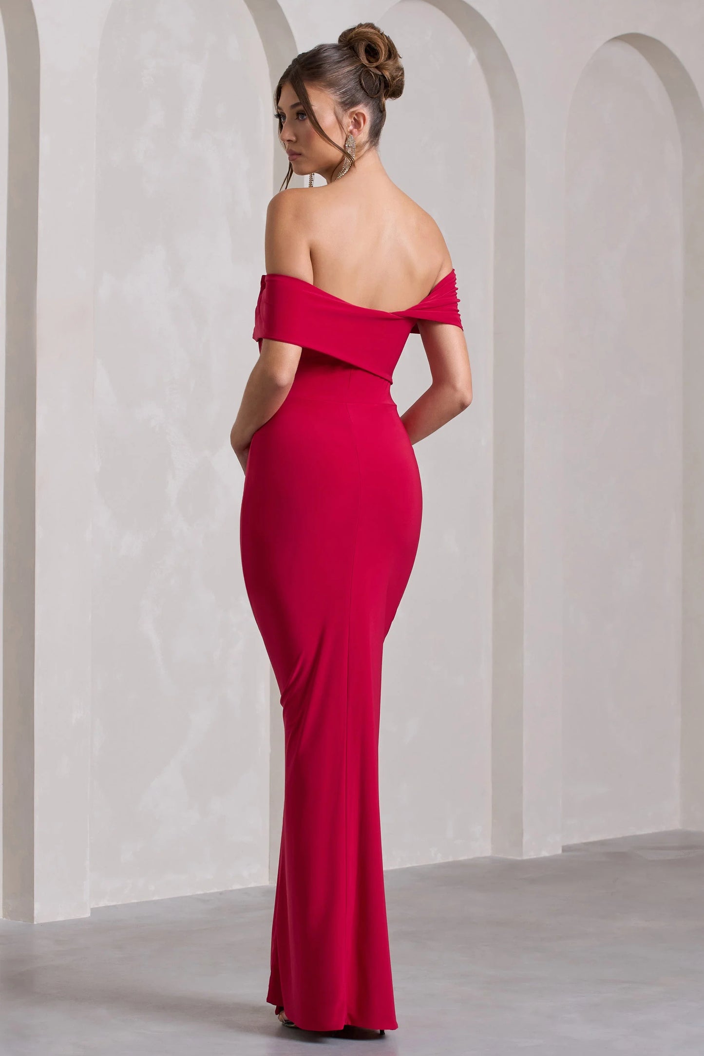 Kara | Red Asymmetric Twisted Bardot Split Maxi Dress