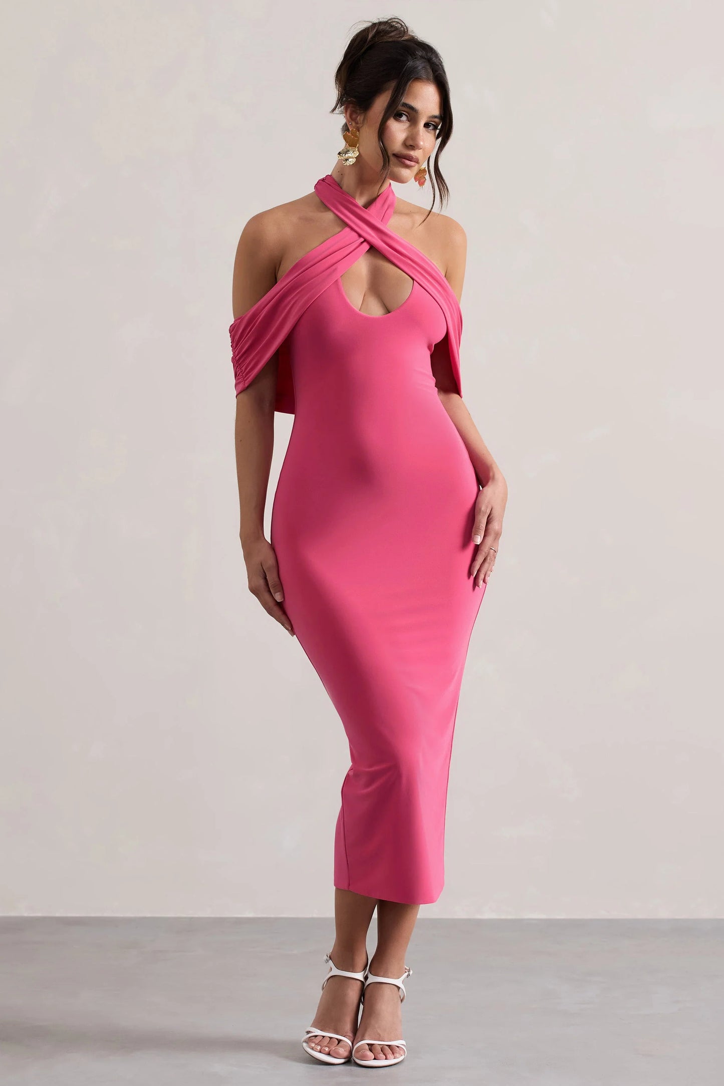 Connect | Pink Bodycon Halter-Neck Midi Dress With Cut-Out