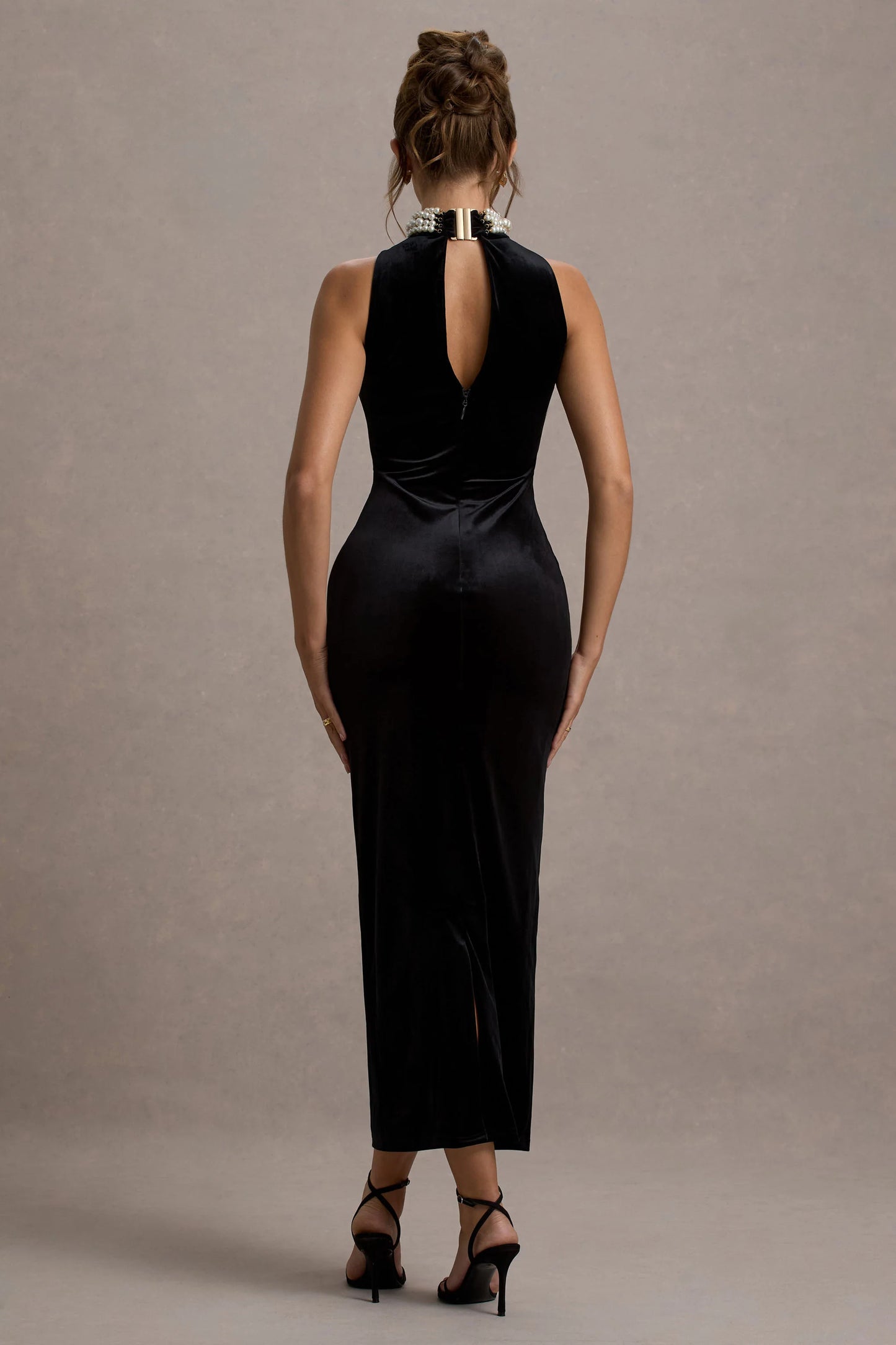 Audrine | Black Velvet Embellished High-Neck Maxi Dress