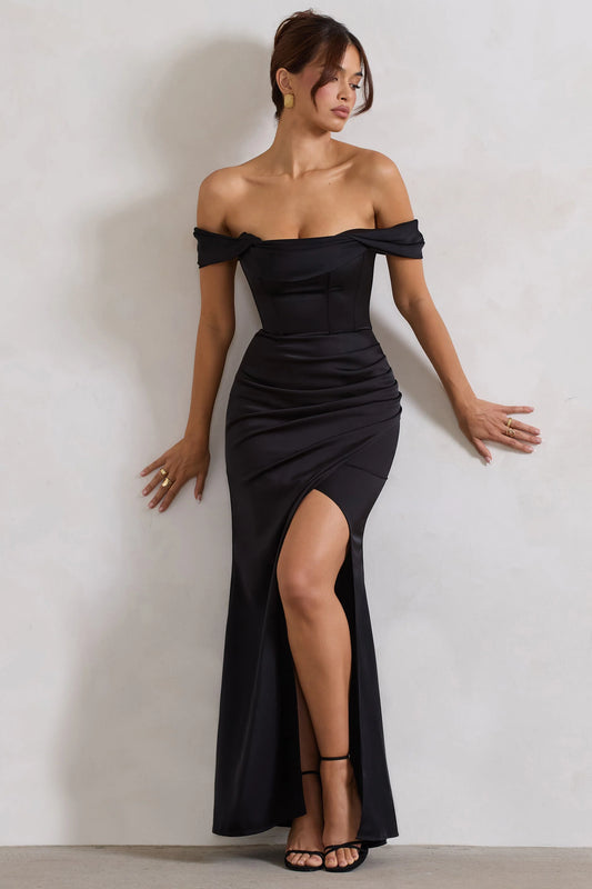 Kimberly | Black Bardot  Satin Maxi Dress