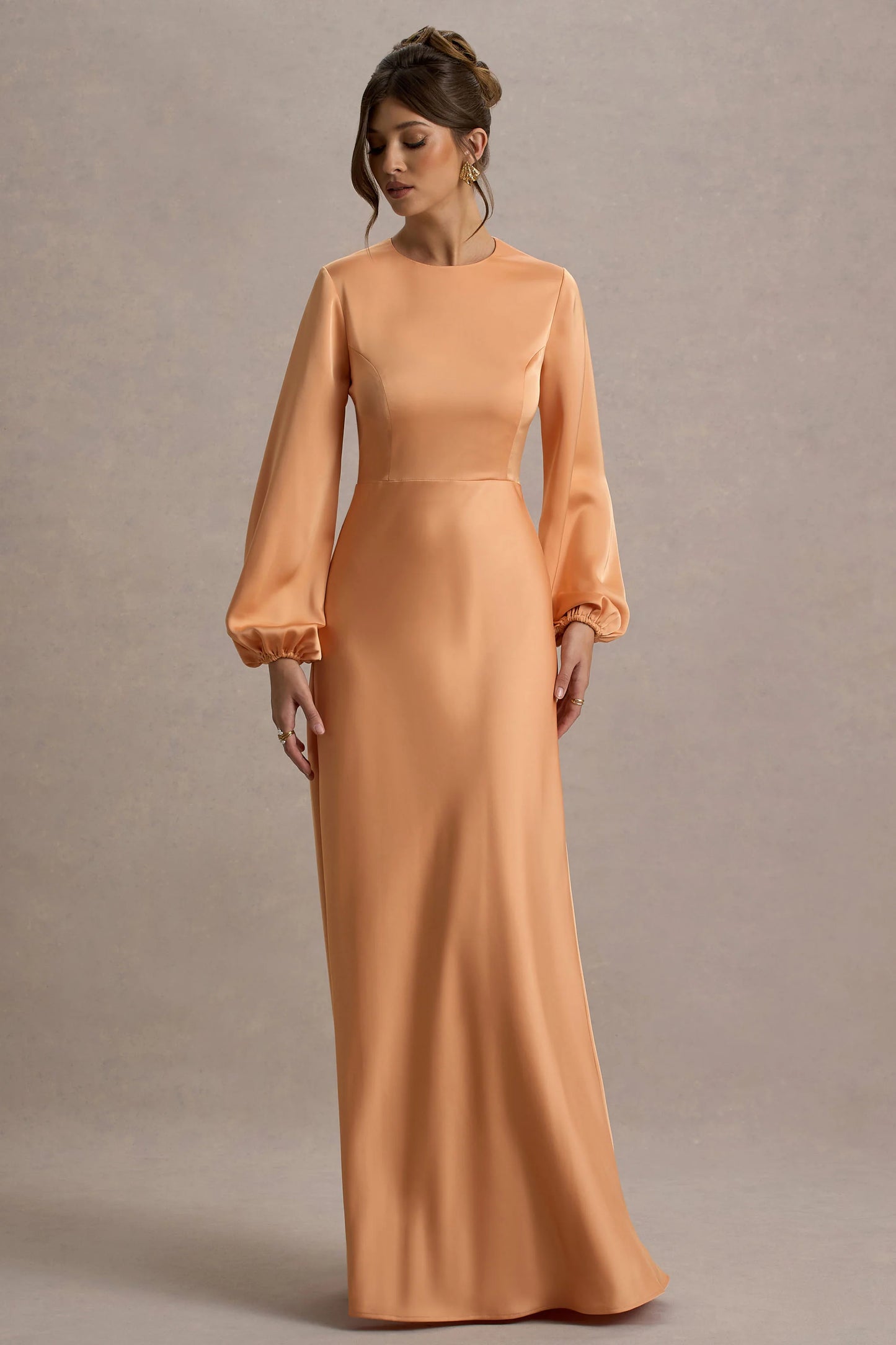 Crawley | Peach Satin Puff-Sleeve Maxi Dress