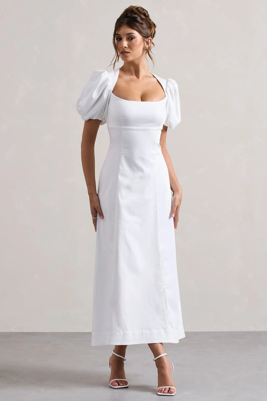 Hacienda | White Poplin Puff-Sleeve Maxi Dress