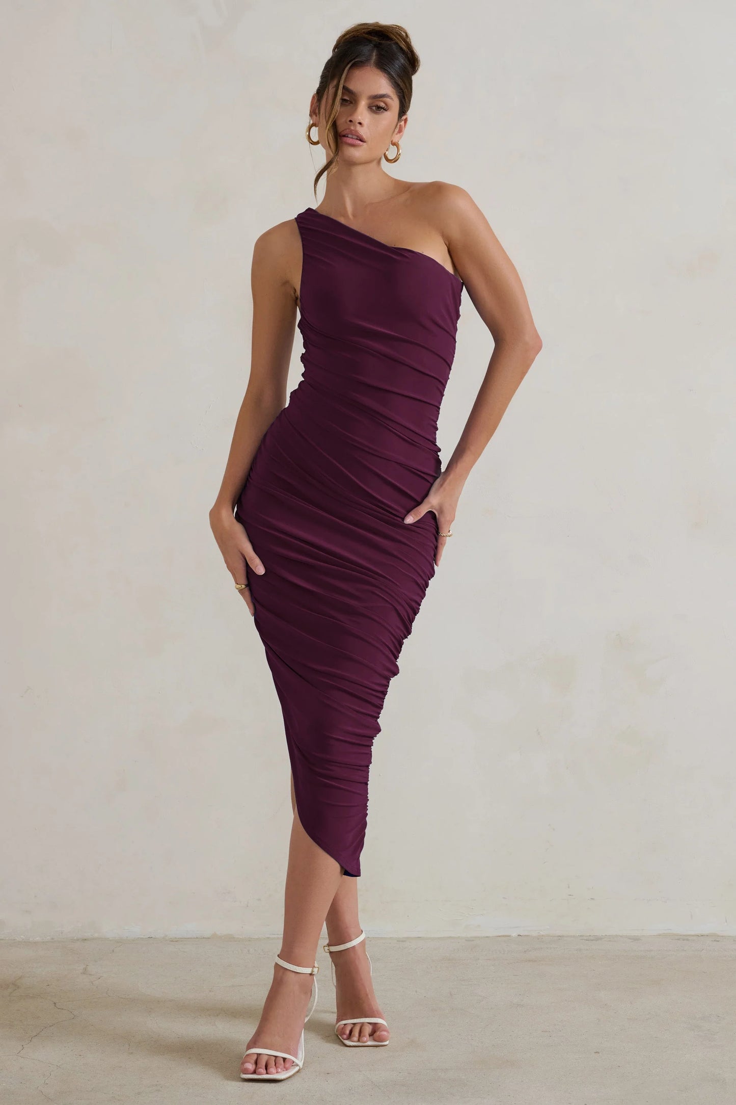 Dorit | Plum One Shoulder Asymmetric Ruched Midi Dress