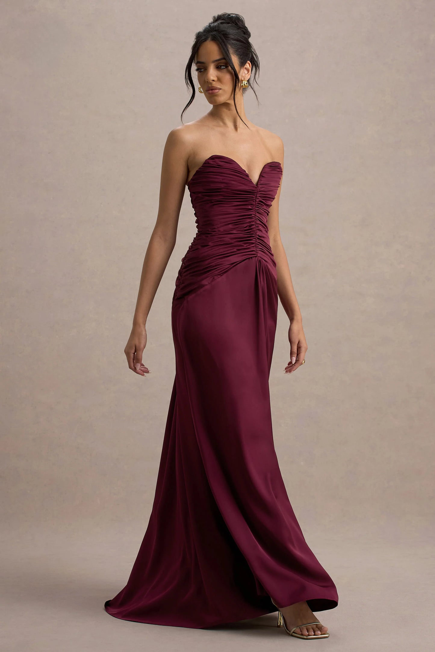 Desirie | Plum Satin Sweetheart Gathered Maxi Dress