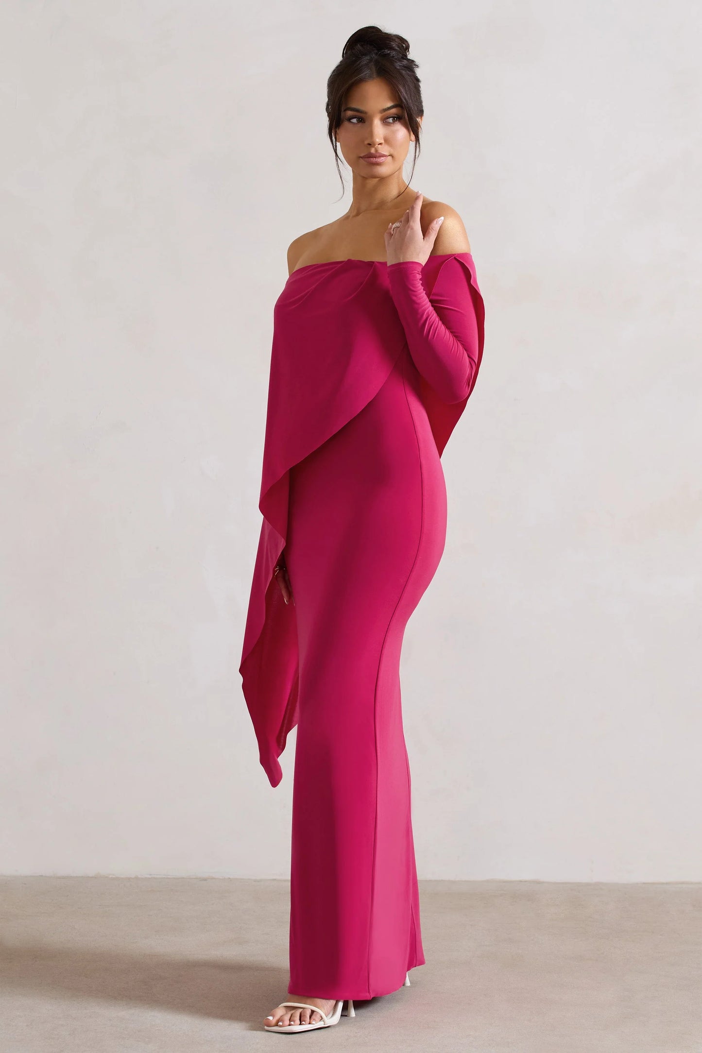 Jana | Dark Pink Bardot Cape Maxi Dress