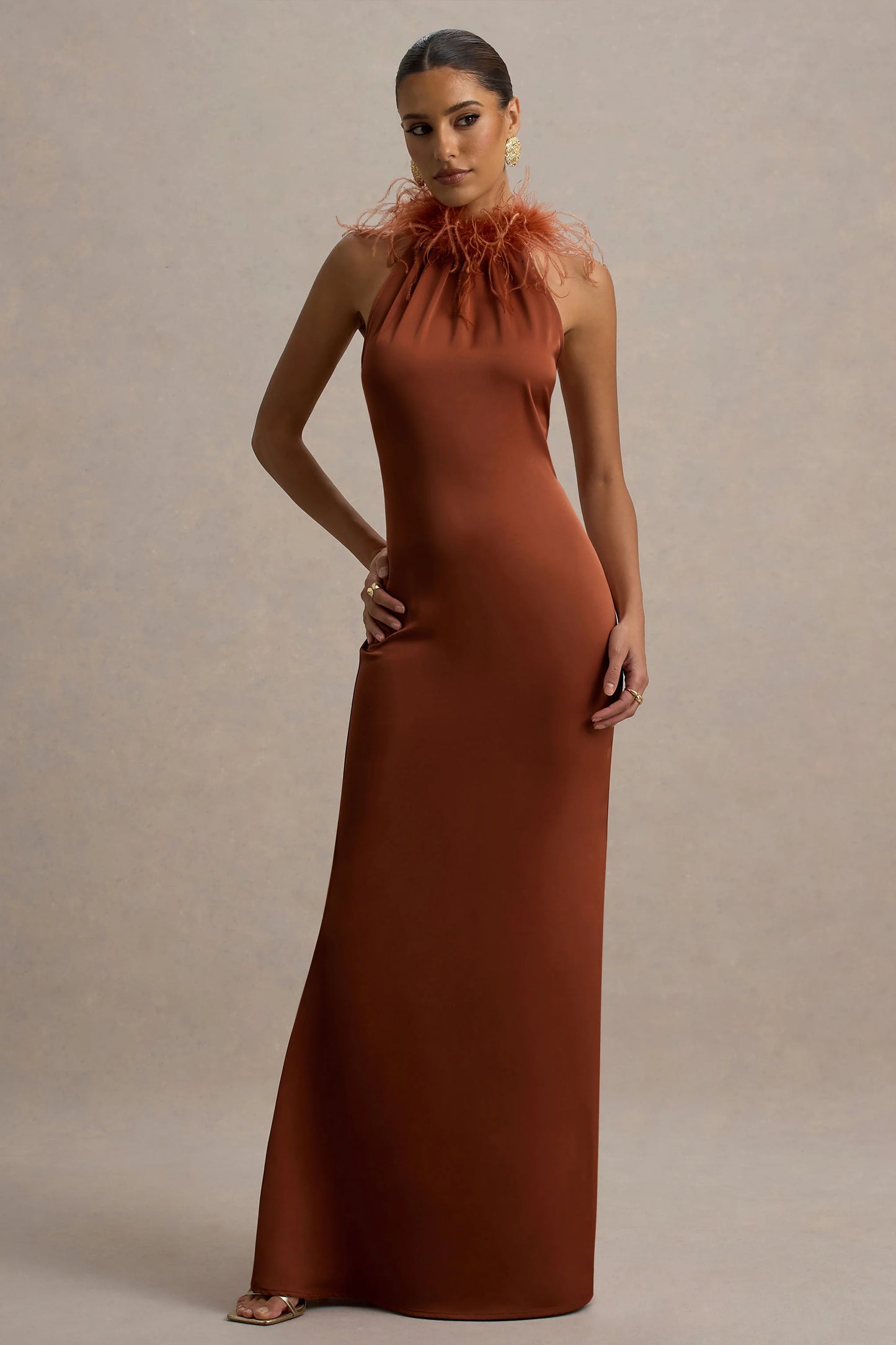 Bianca | Rust Satin Feather-Trim Maxi Dress