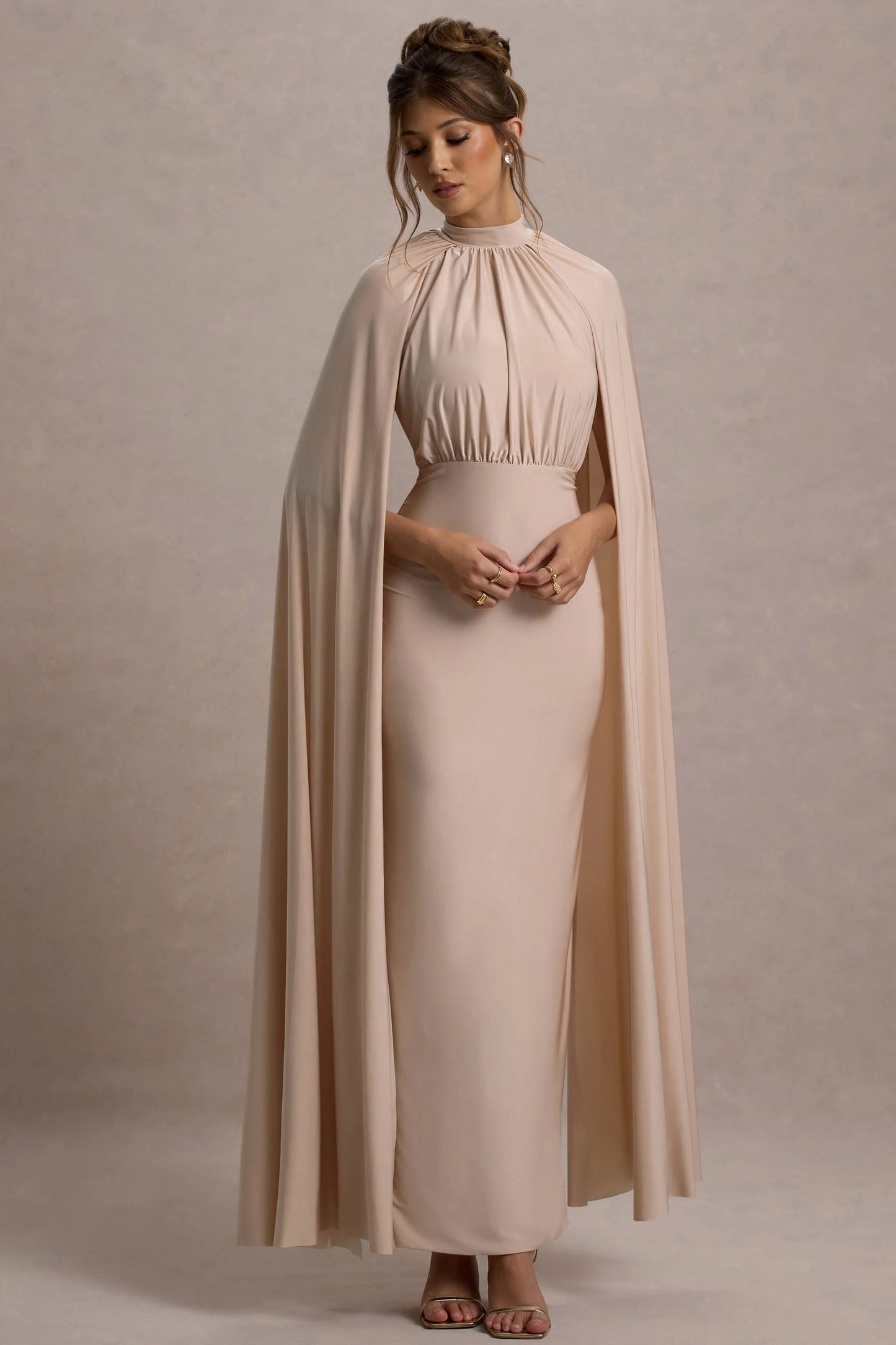 Darielle | Champagne High-Neck Cape-Sleeve Maxi Dress