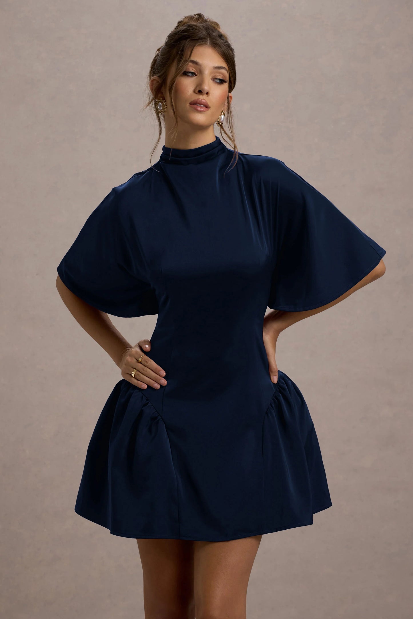 Alva | Navy High-Neck Short-Sleeve Mini Dress With Volume Skirt