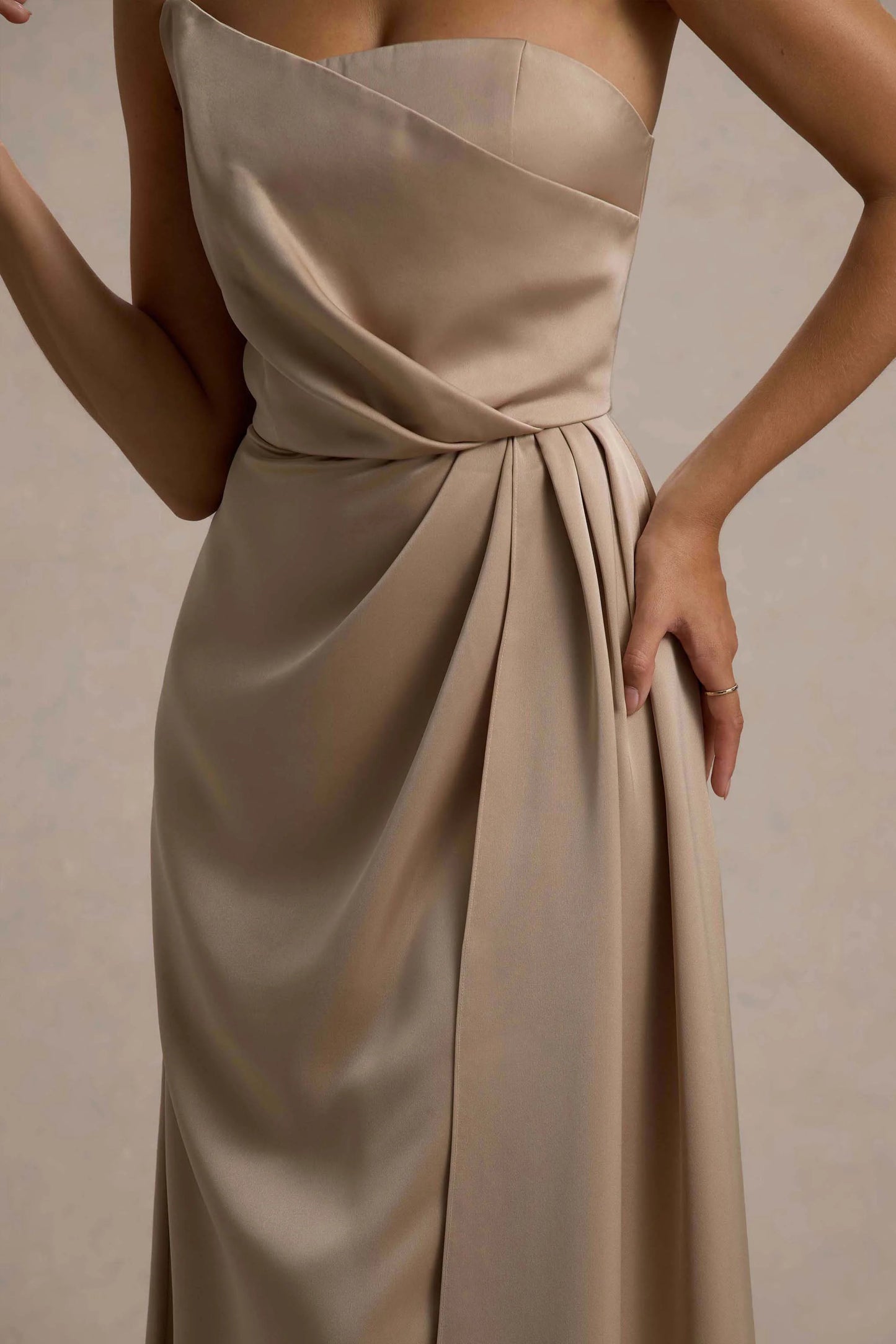 Cairo | Champagne Satin Strapless Draped Maxi Dress