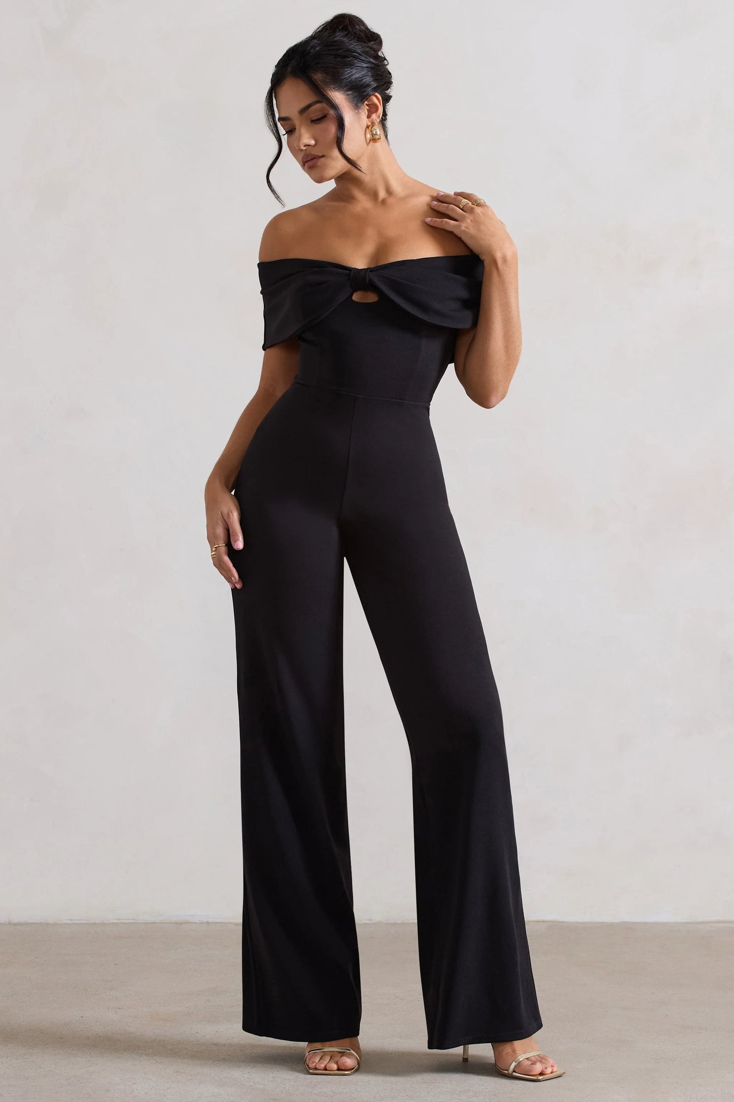 Harleen | Black Bow Bardot Wide-Leg Jumpsuit