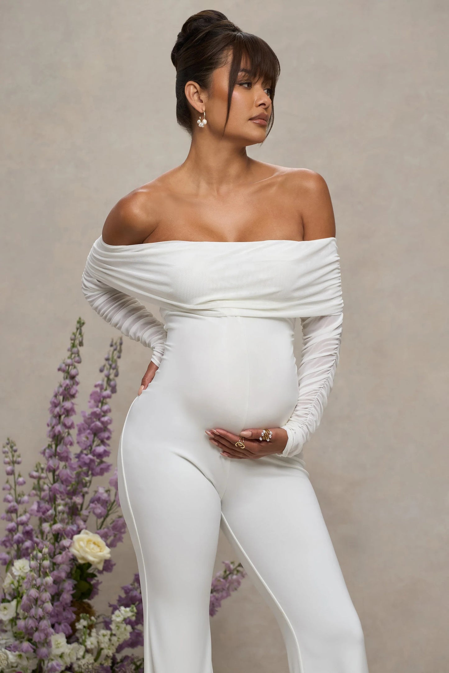 Count Down | White Maternity Ruched Mesh Bardot Jumpsuit