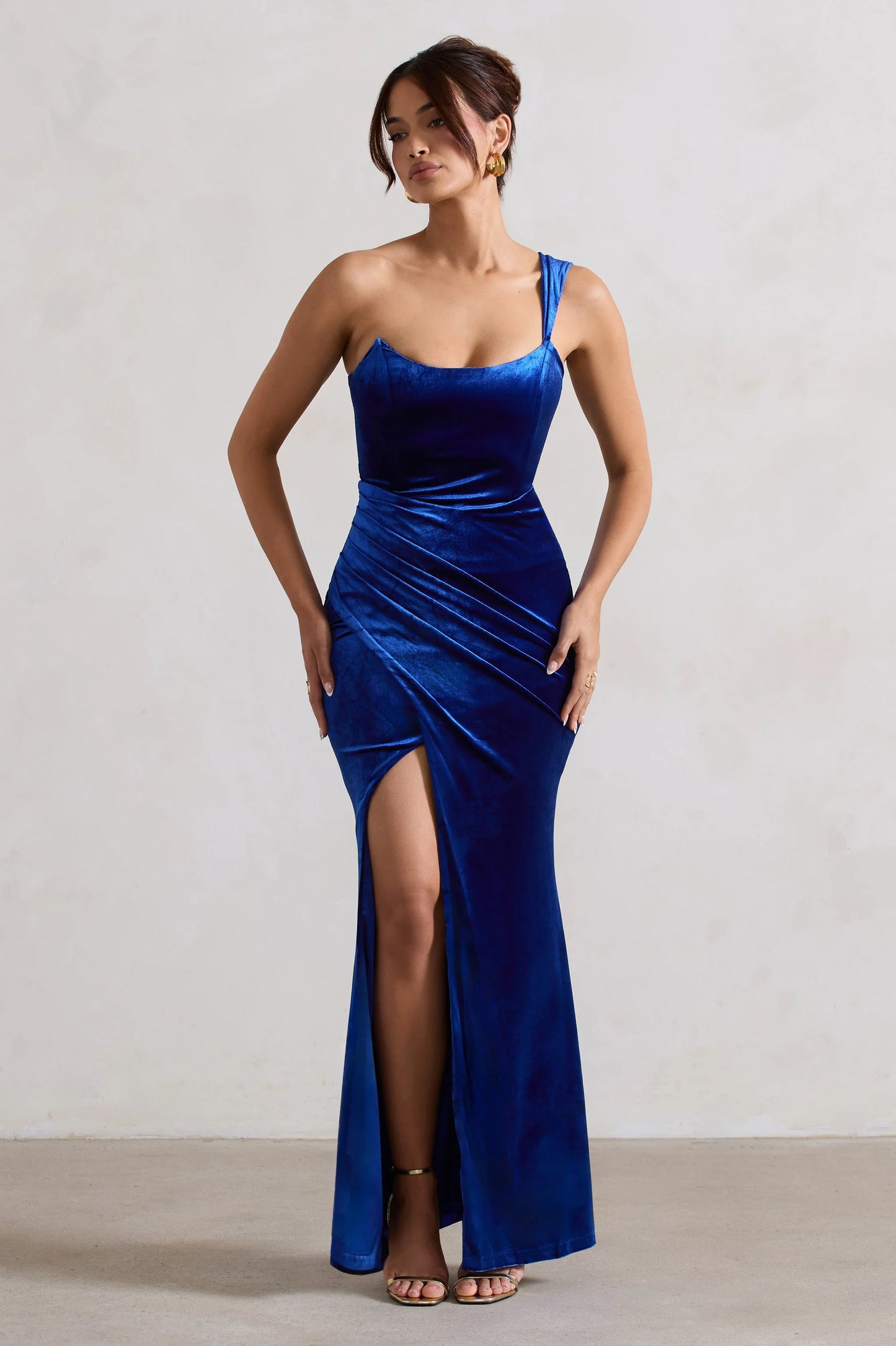 Jessica | Cobalt Velvet One Shoulder Corset Style Wrap Maxi Dress