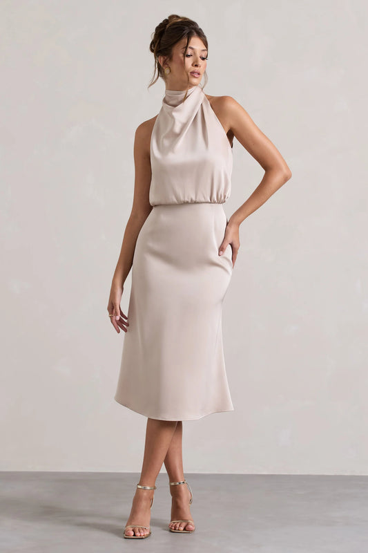 Geena | Champagne Satin Twisted High-Neck Midi Dress