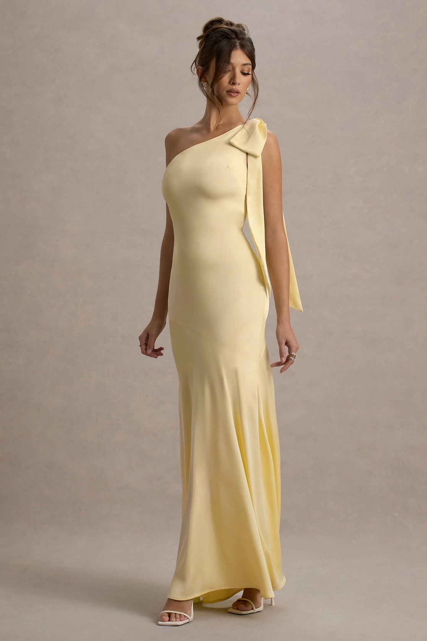 Here For Love | Lemon Satin Asymmetric Maxi Dress With Bow