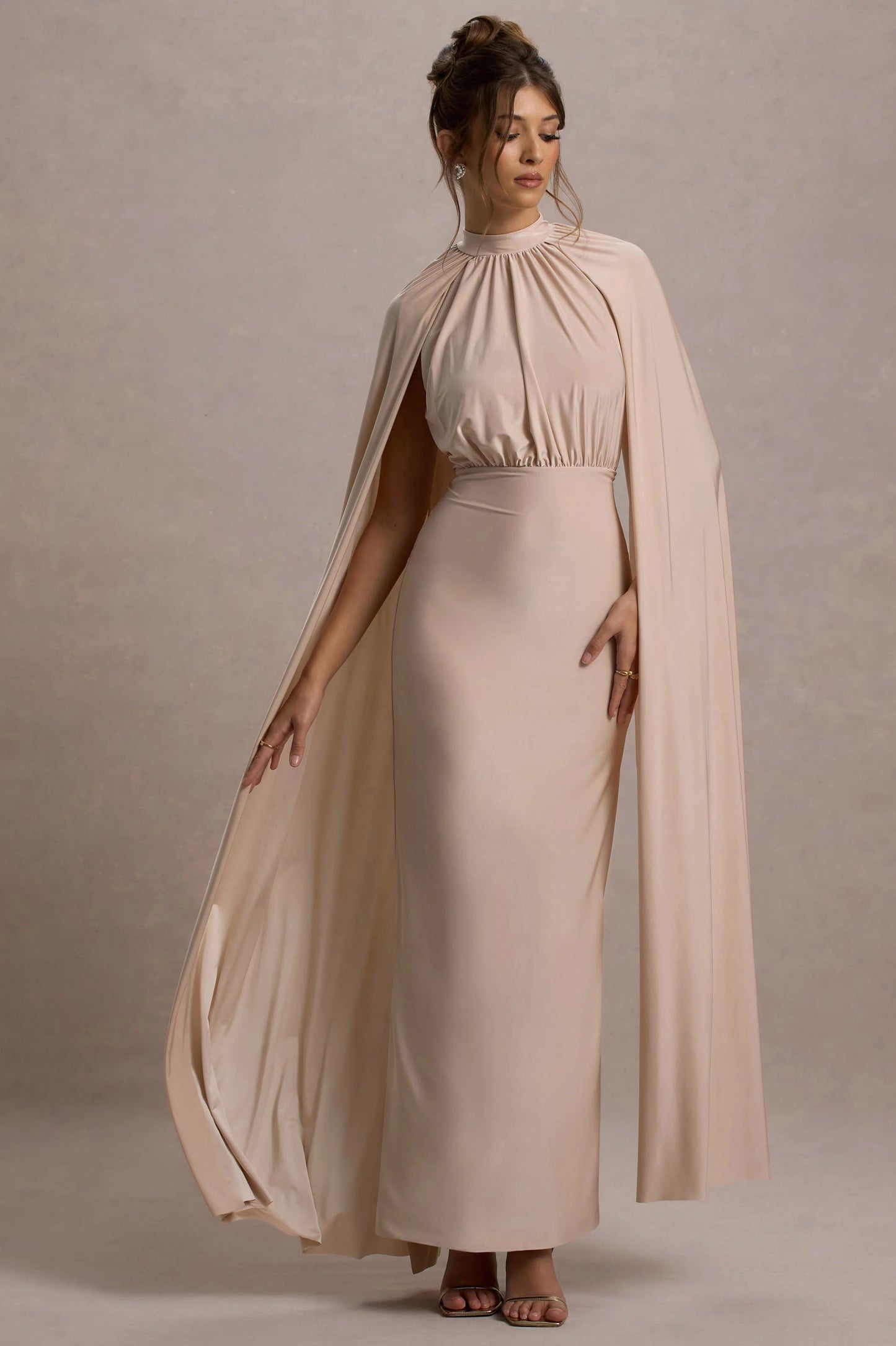 Darielle | Champagne High-Neck Cape-Sleeve Maxi Dress