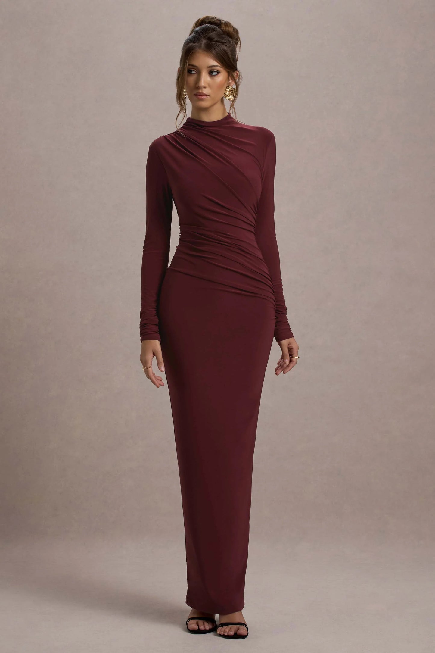 Hespera | Port High-Neck Long-Sleeve Gathered Maxi Dress