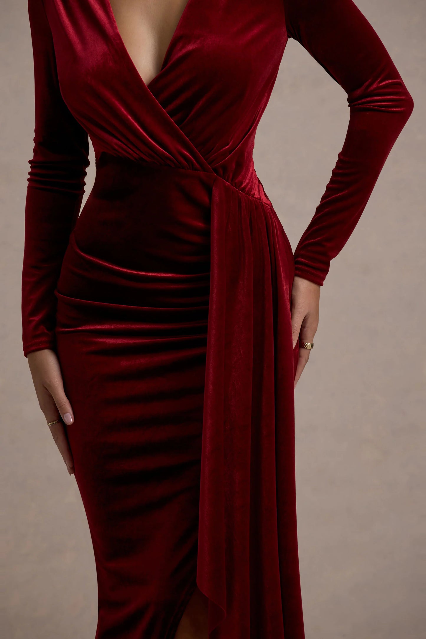 Arcadia | Berry Velvet Plunge-Neck Wrap Midi Dress