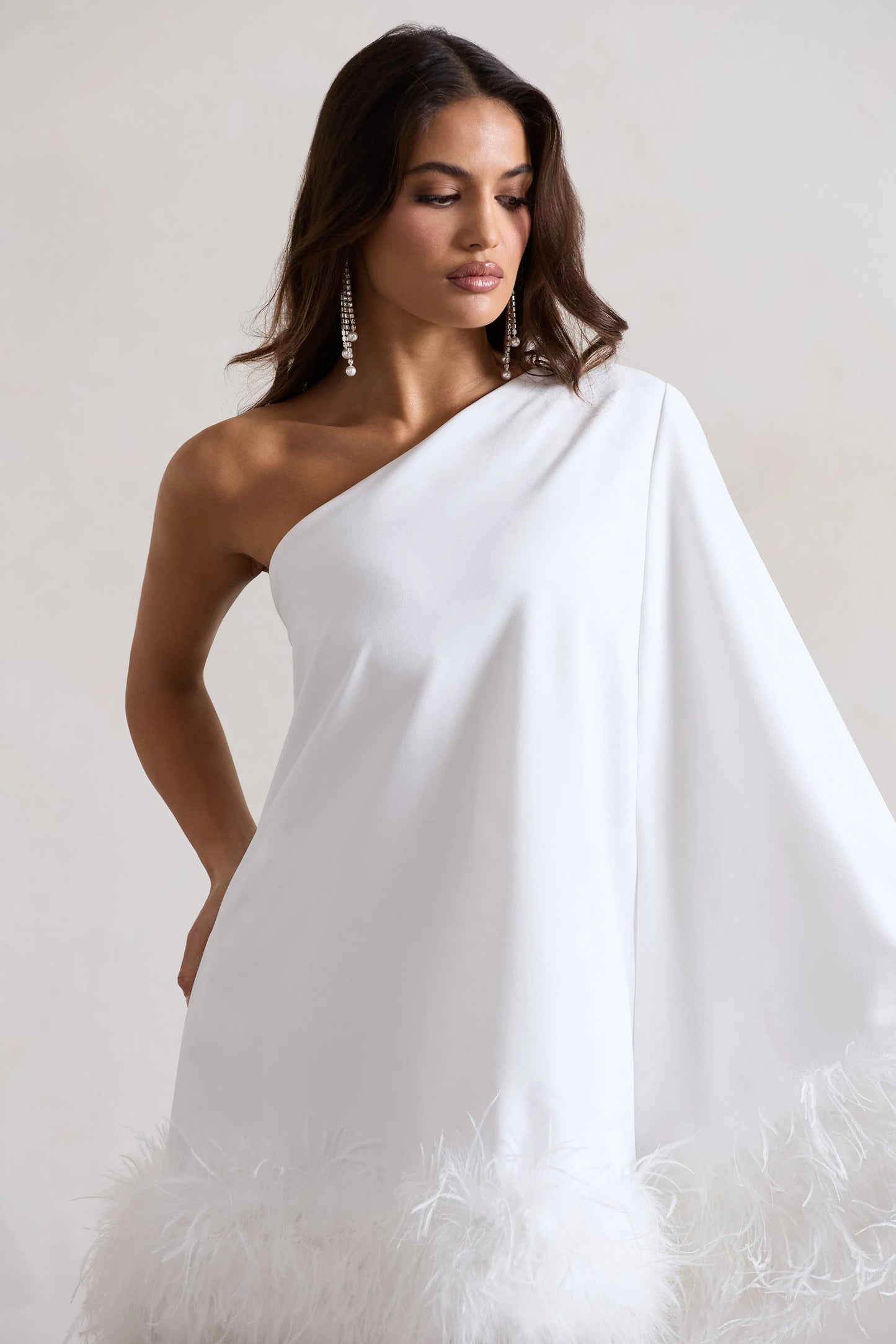 Epiphany | White One Shoulder Cape Sleeve Mini Dress With Feathers