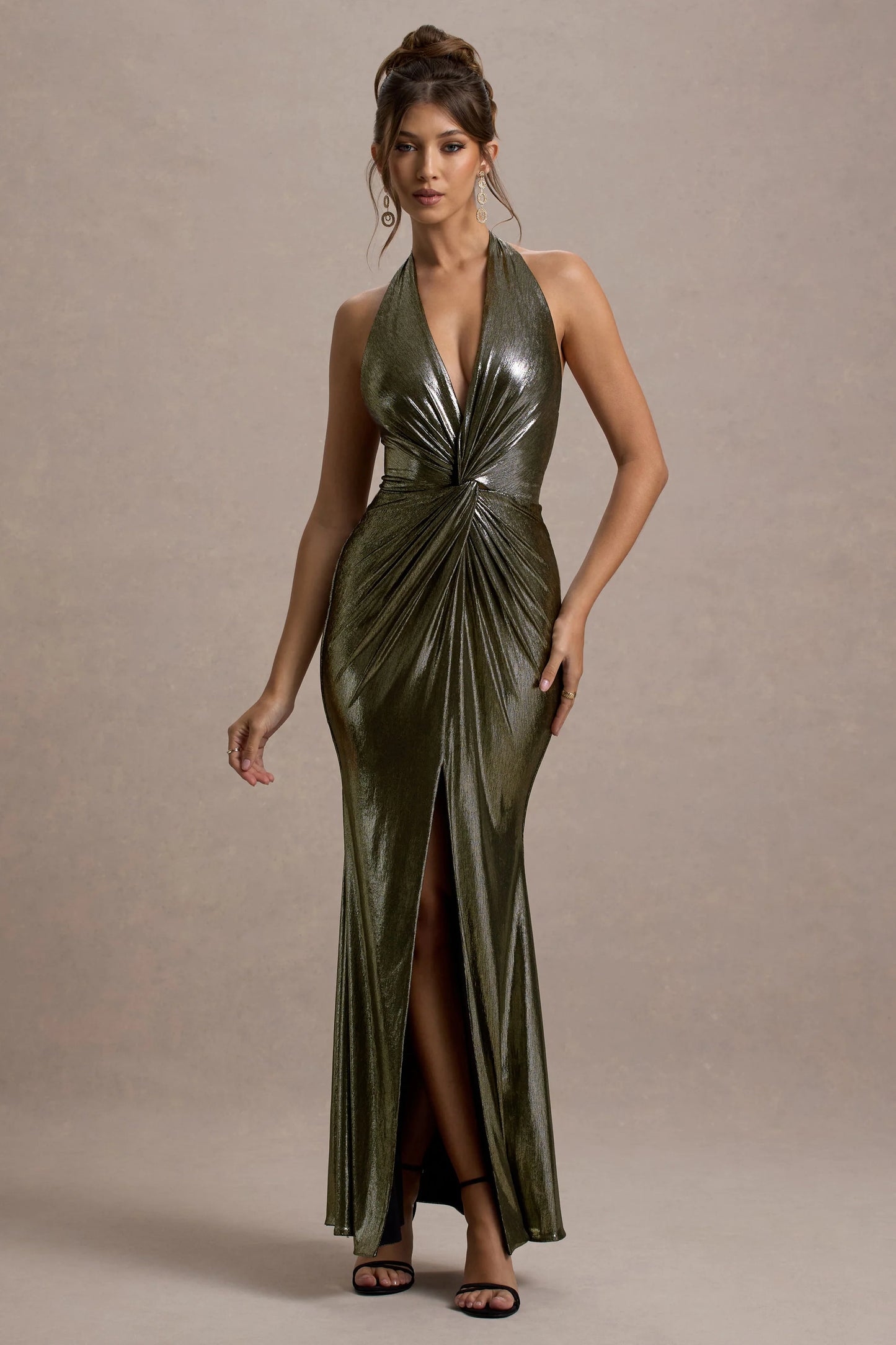 Carana | Gold Plunge-Neck Knotted Split Maxi Dress