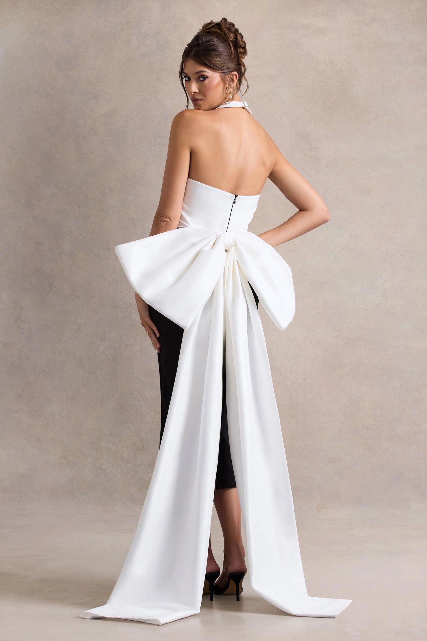 Blanca | Black & White Halter-Neck Cut-Out Midi Dress With Oversized Bow