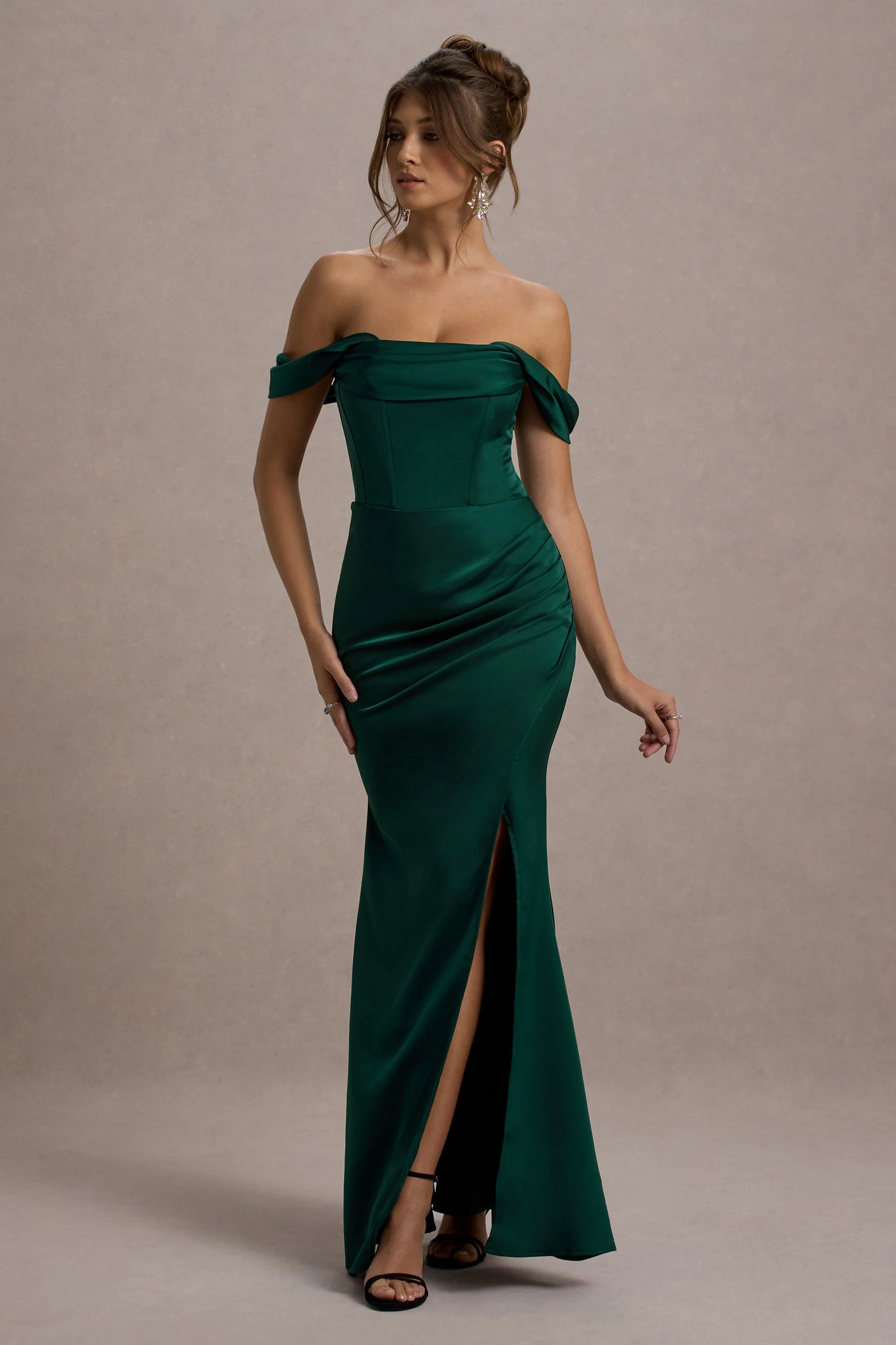 Kimberly | Bottle Green Bardot  Satin Maxi Dress