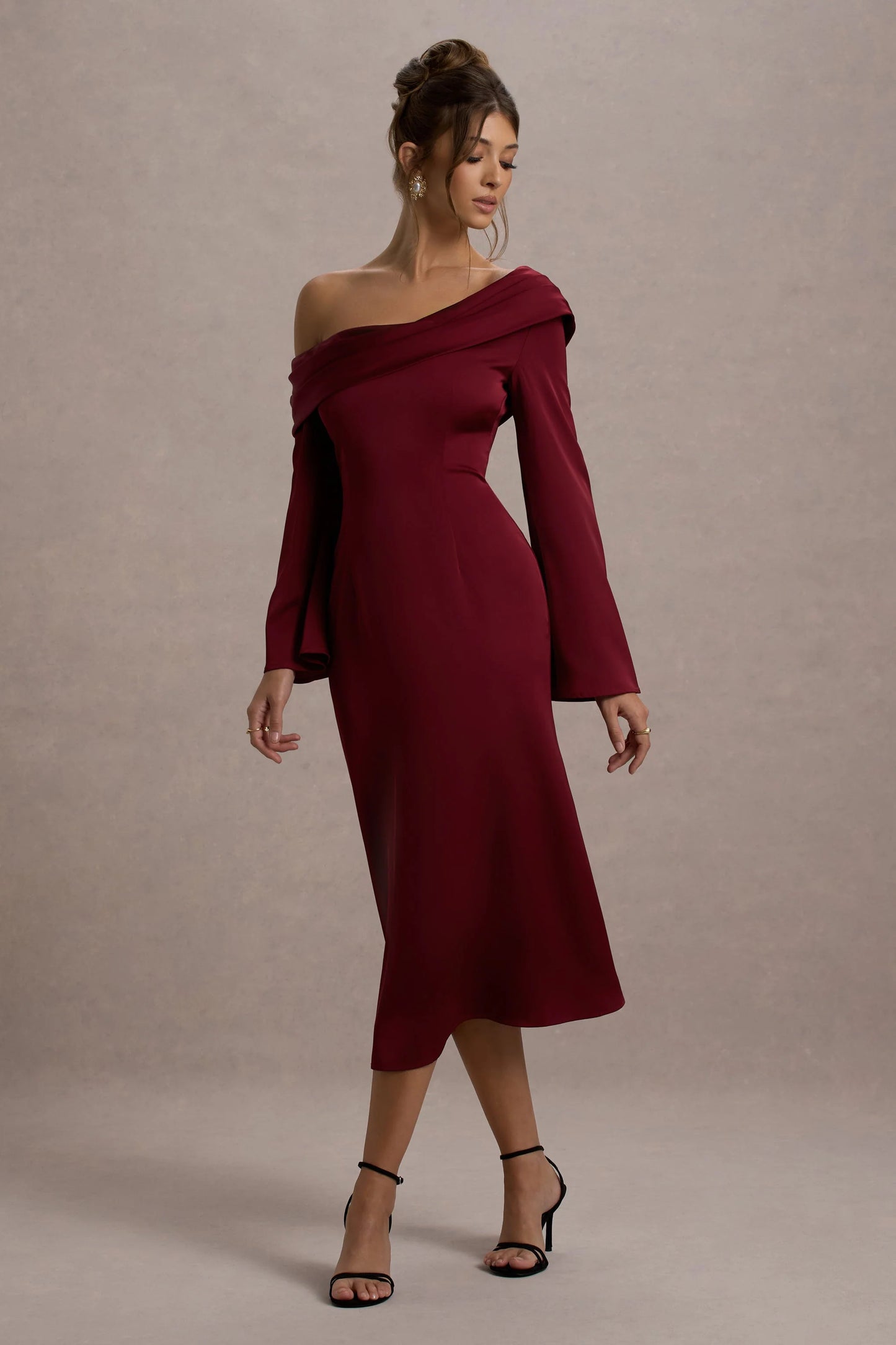 Astral | Port Satin Asymmetric Flared-Sleeve Midi Dress