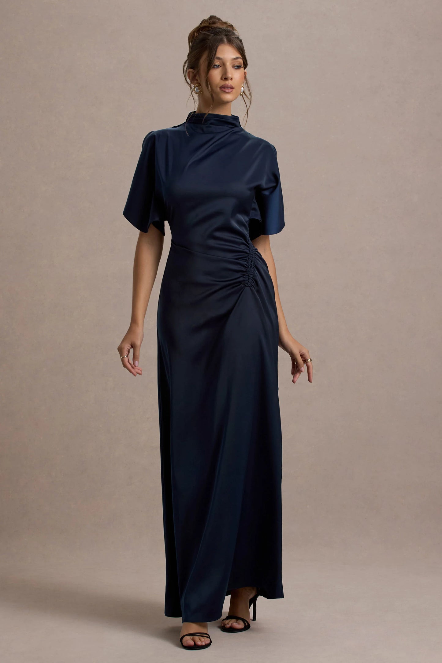 Audley | Navy Satin High-Neck Flutter-Sleeve Maxi Dress