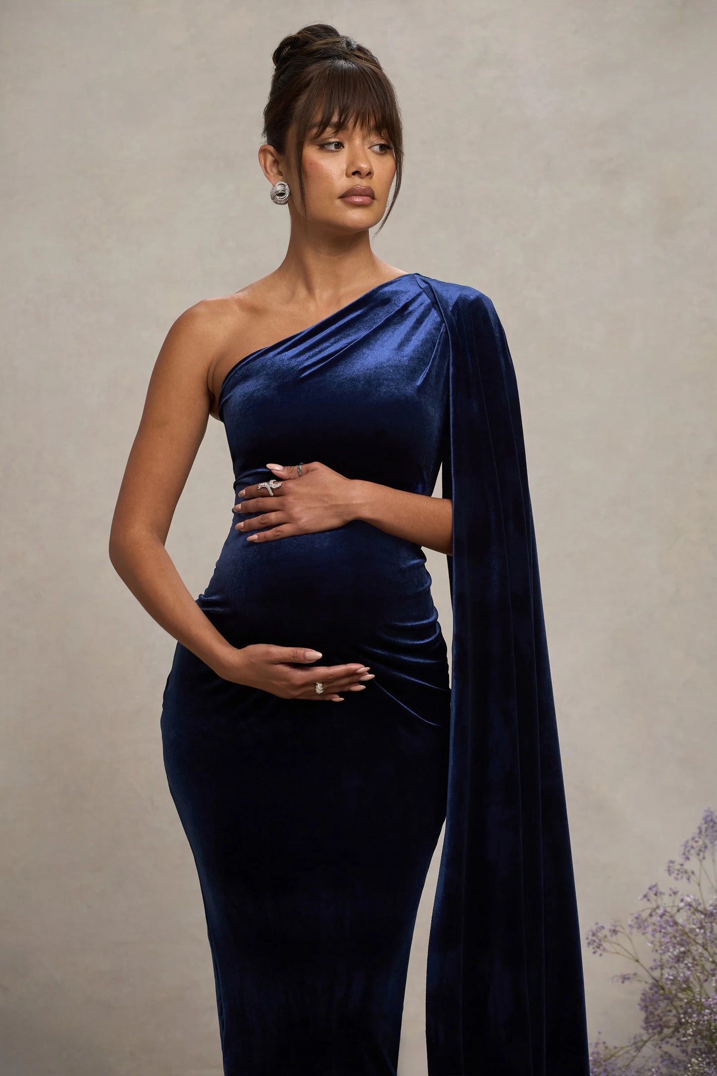 Amaryllis | Navy Velvet Maternity One Shoulder Maxi Dress with Cape Sleeve