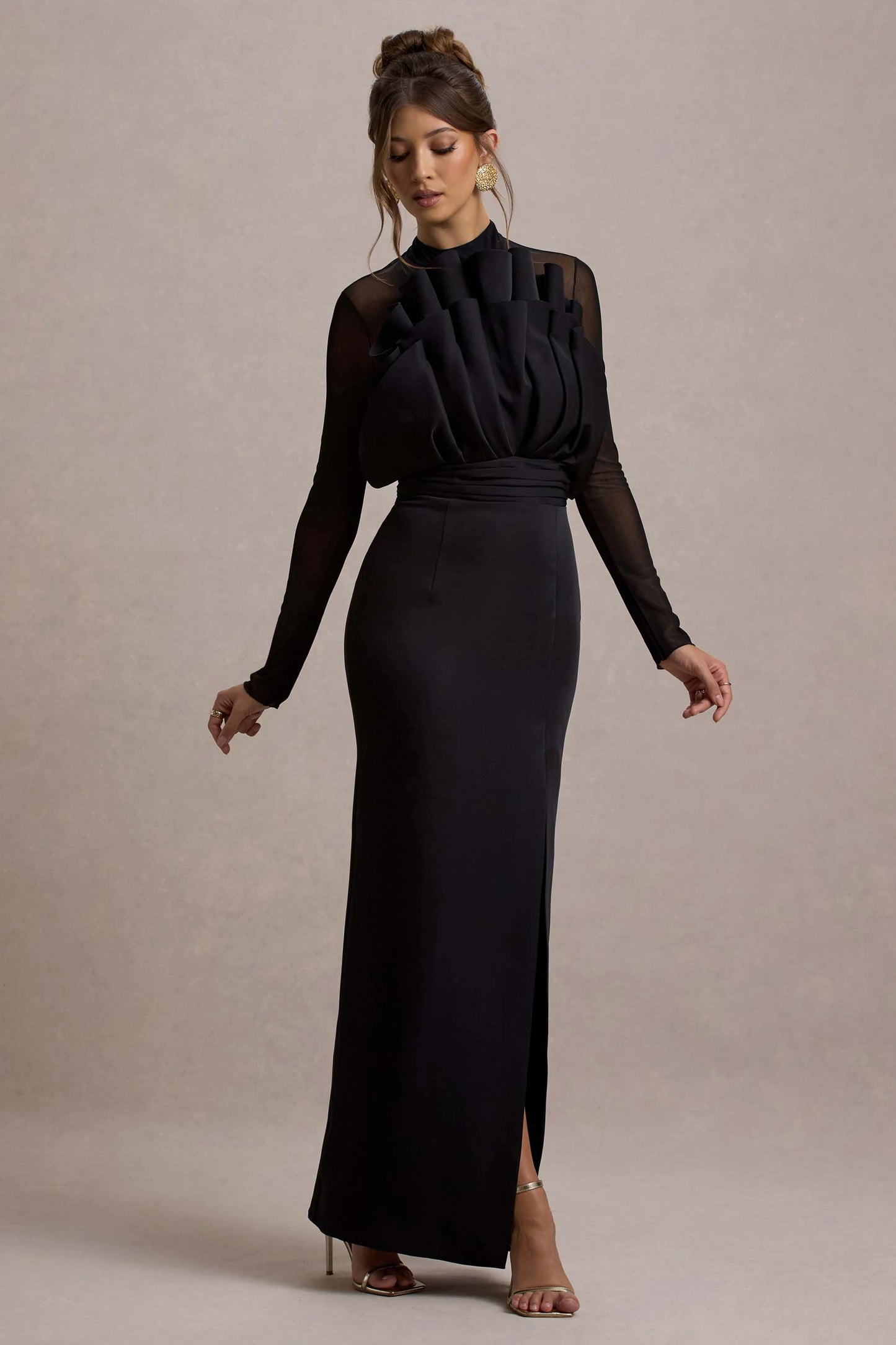 Alder | Black Mesh Long-Sleeve Ruffled Split Maxi Dress