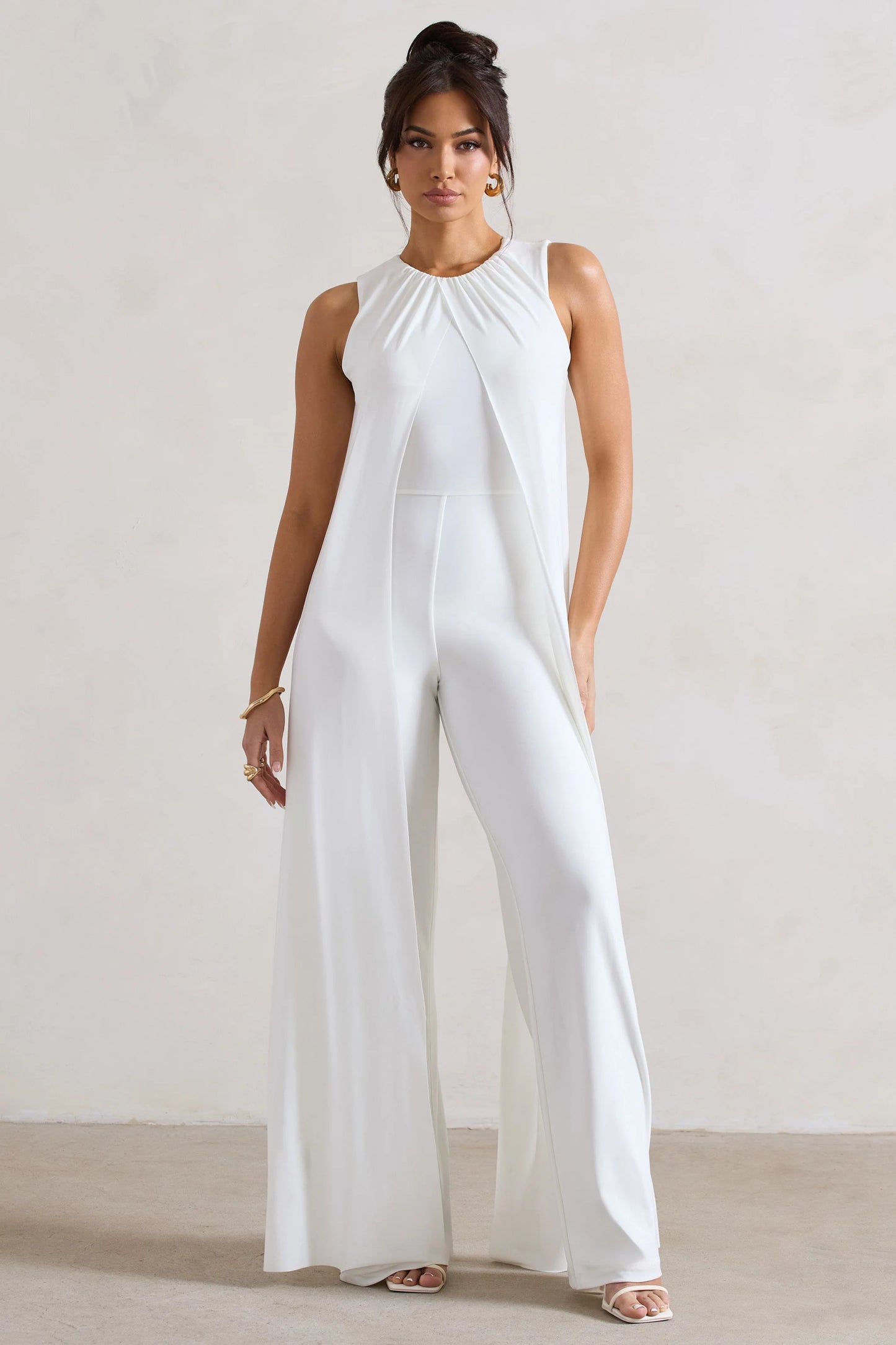 Essence | White High-Neck Wide-Leg Jumpsuit With Cape