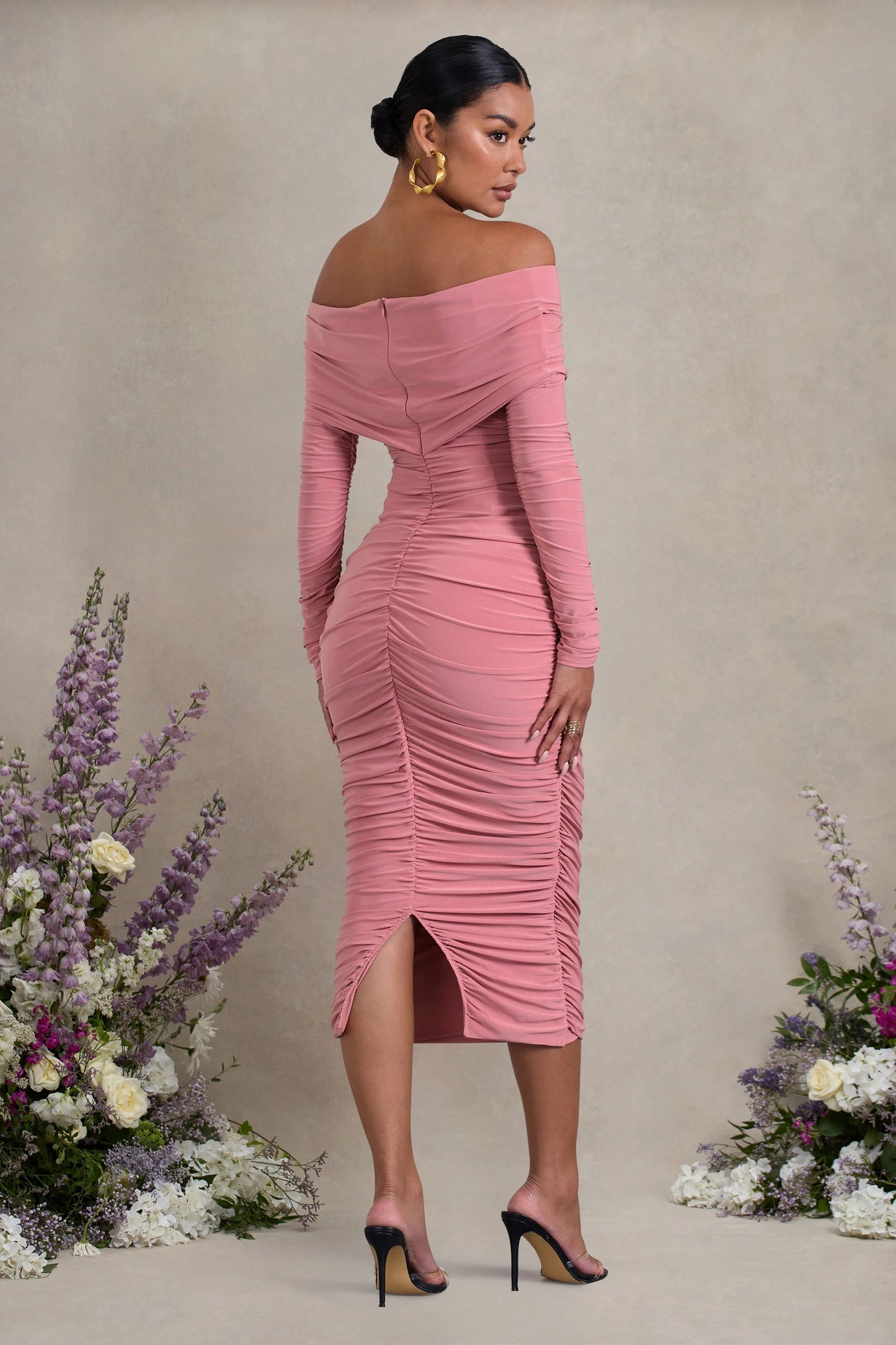 Davina | Blush Pink Ruched Twist Bardot Long-Sleeve Maternity Midi Dress