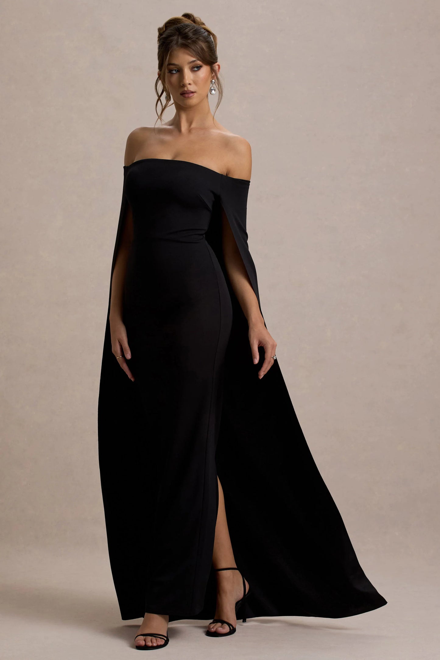 Genovia | Black Bardot Cape Maxi Dress