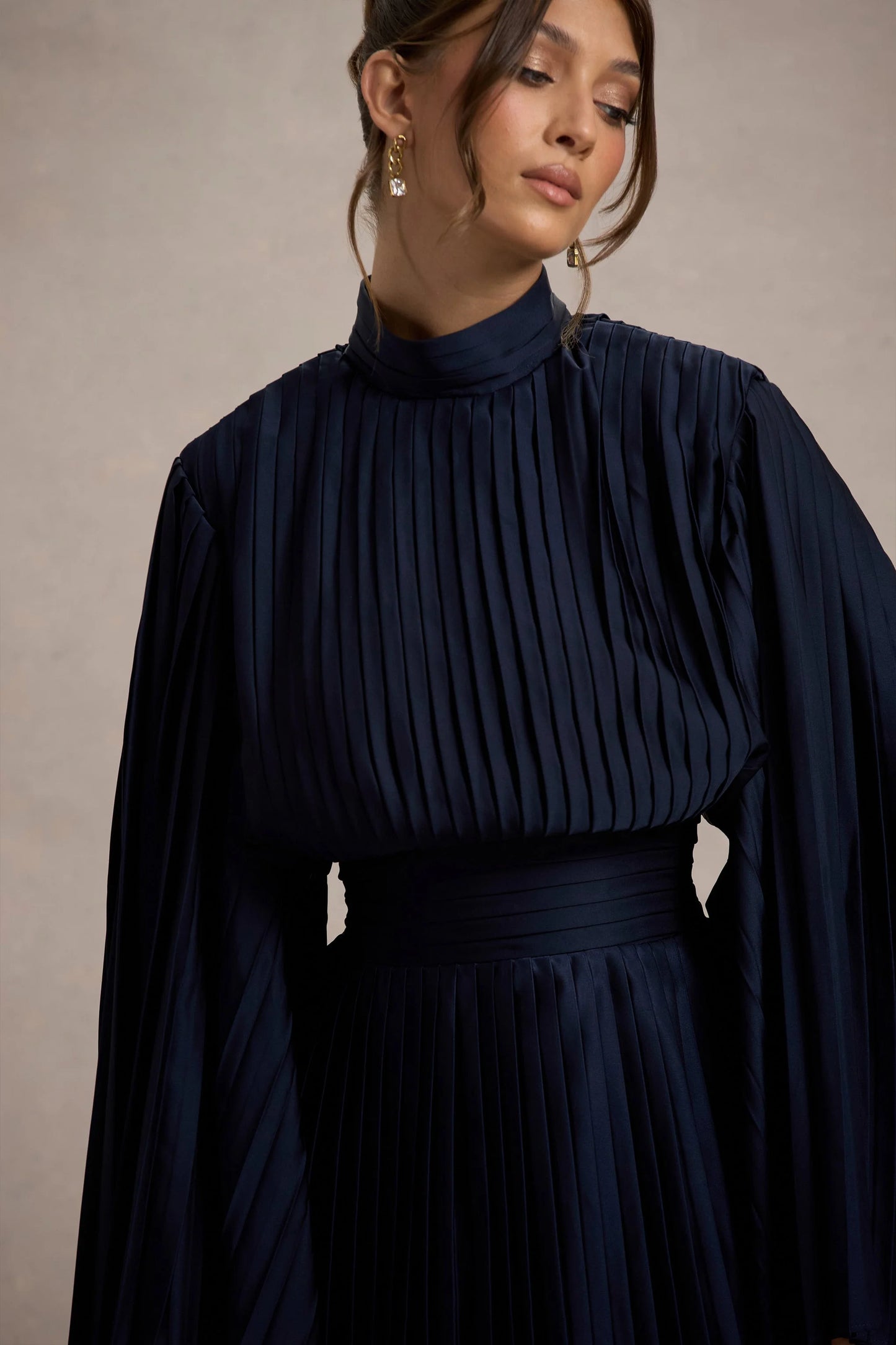 Charity | Navy Pleated High-Neck Mini Dress With Cape Sleeves