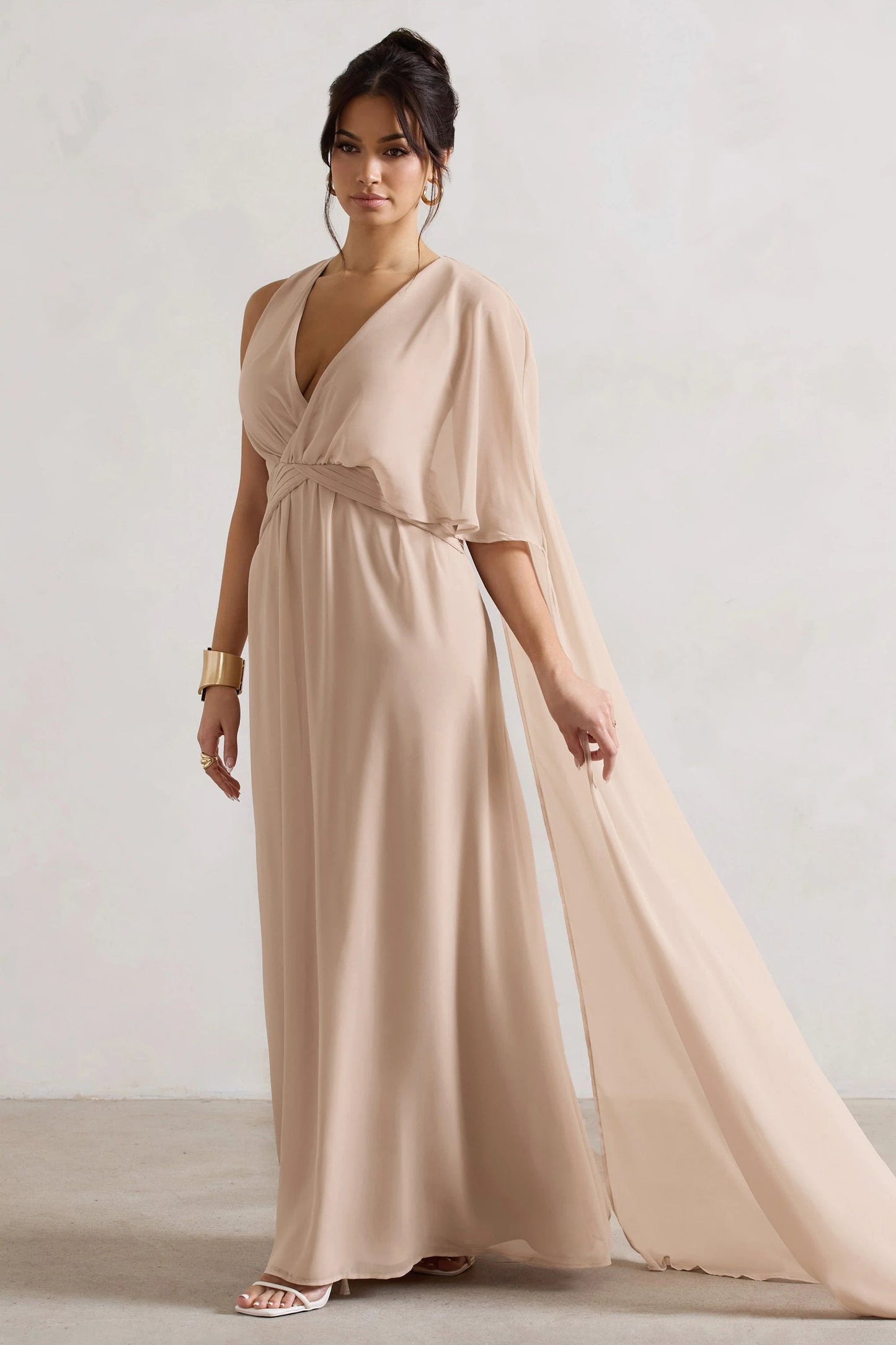 Fairytale | Champagne Plunge-Neck Chiffon Maxi Dress With Cape Sleeve