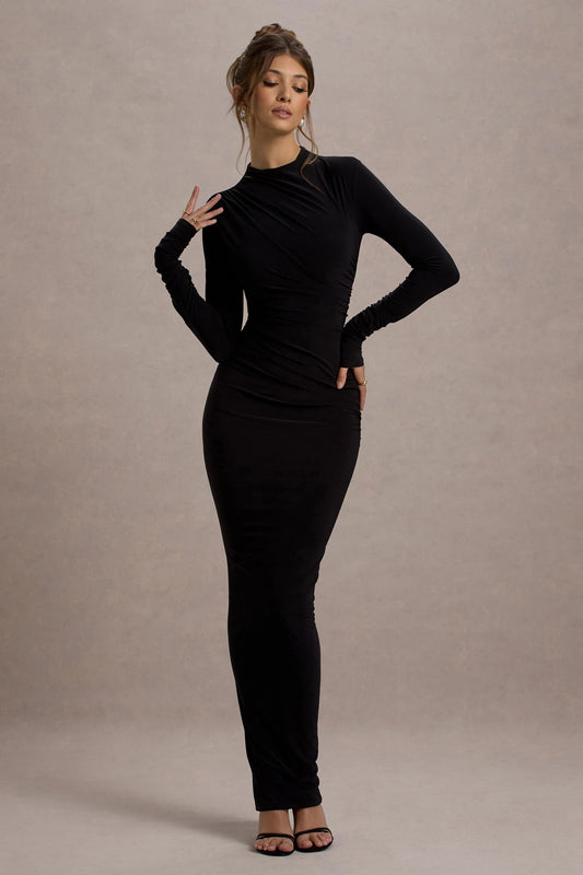 Hespera | Black High-Neck Long-Sleeve Gathered Maxi Dress