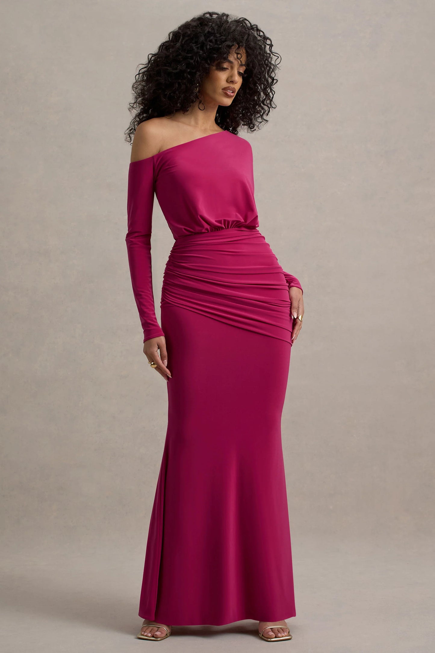 Deanna | Hot Pink Asymmetric Long-Sleeve Ruched Maxi Dress