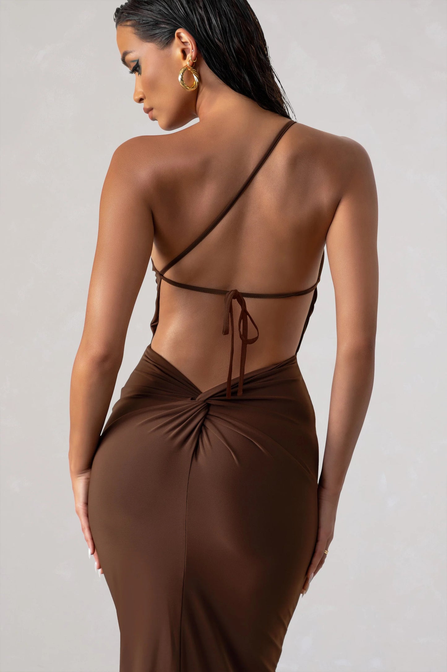 Dressing Up | Chocolate Brown One Shoulder Maxi Dress With Open Back Detail