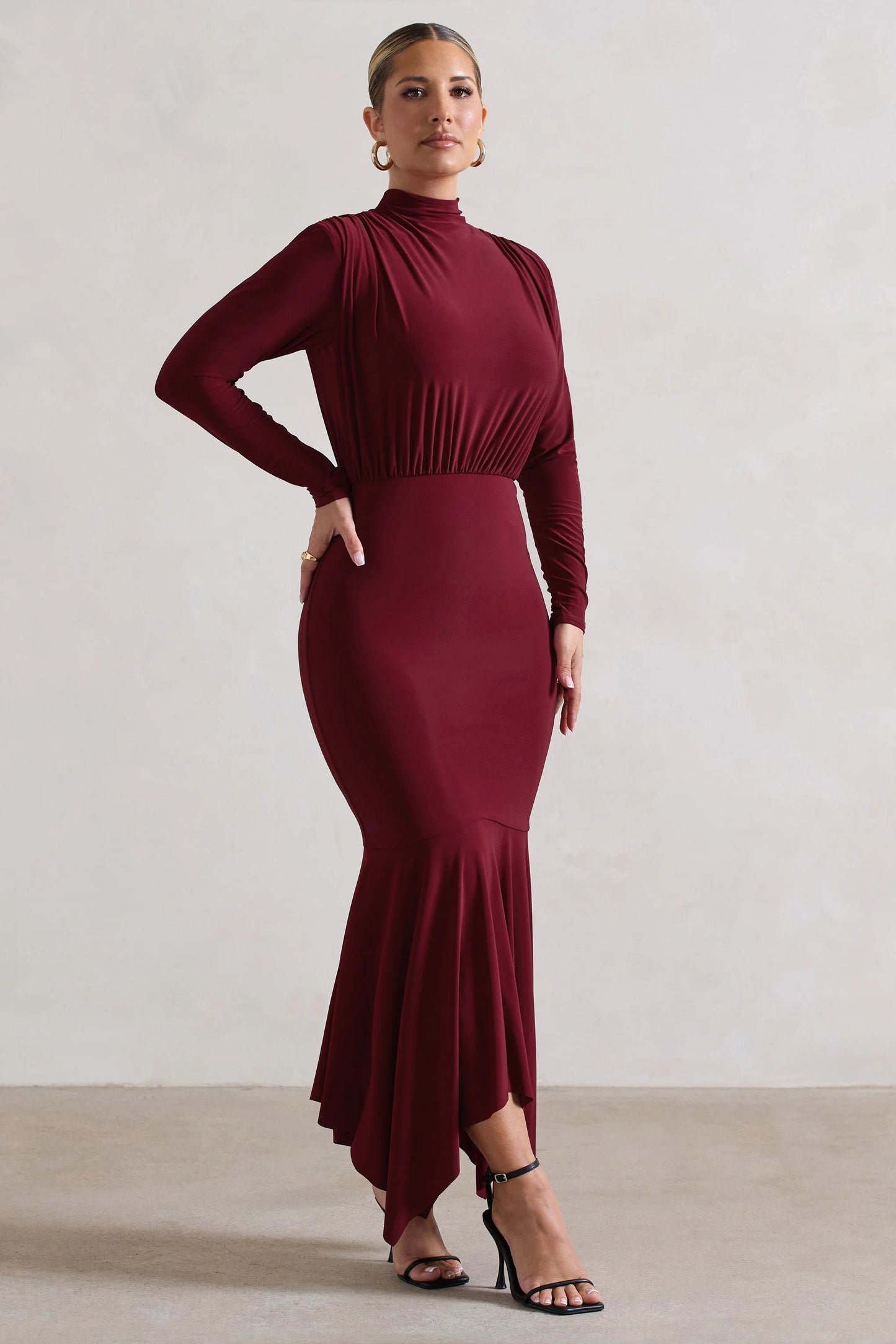 Carla | Berry High-Neck Midi Dress With Draped Hem