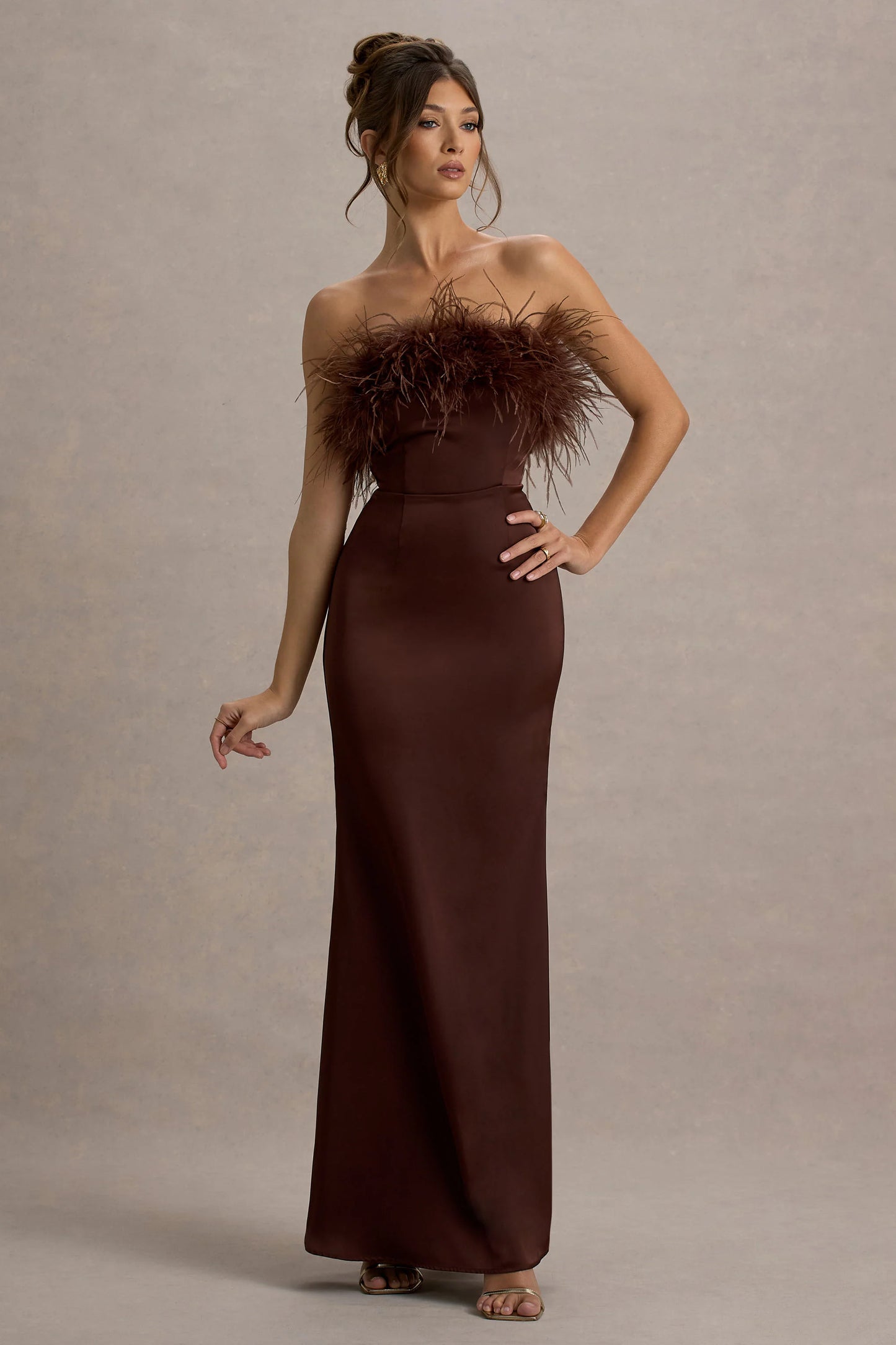 Dress For It | Brown Satin Feather Trim Bandeau Maxi Dress