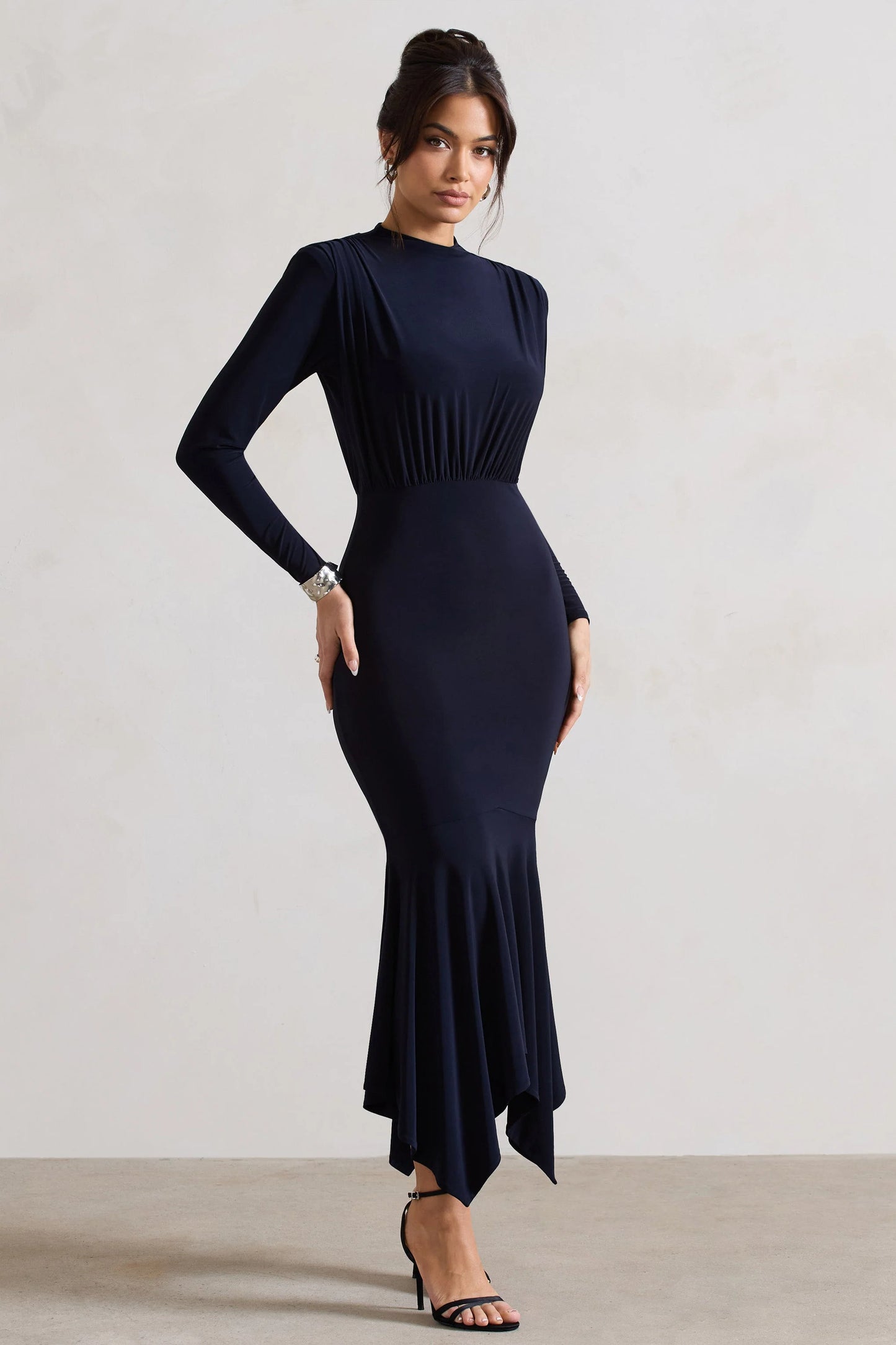 Carla | Navy High-Neck Midi Dress With Draped Hem