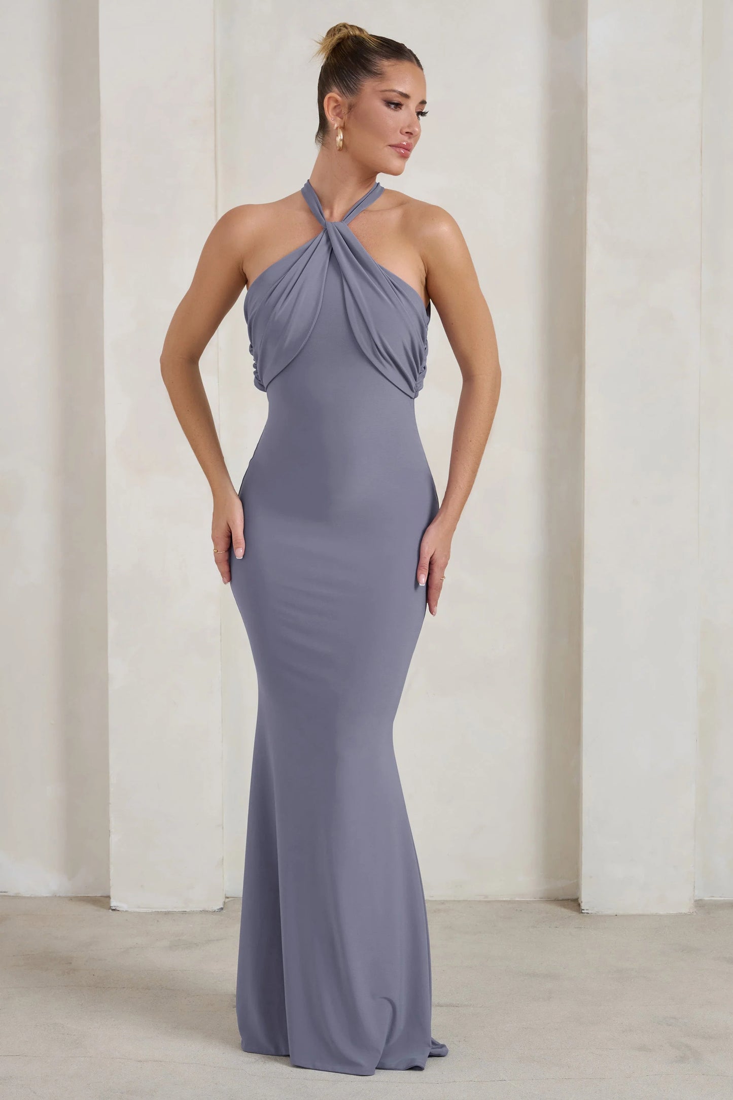 Genevieve | Grey Twist High Neck Drape Detail Maxi Dress