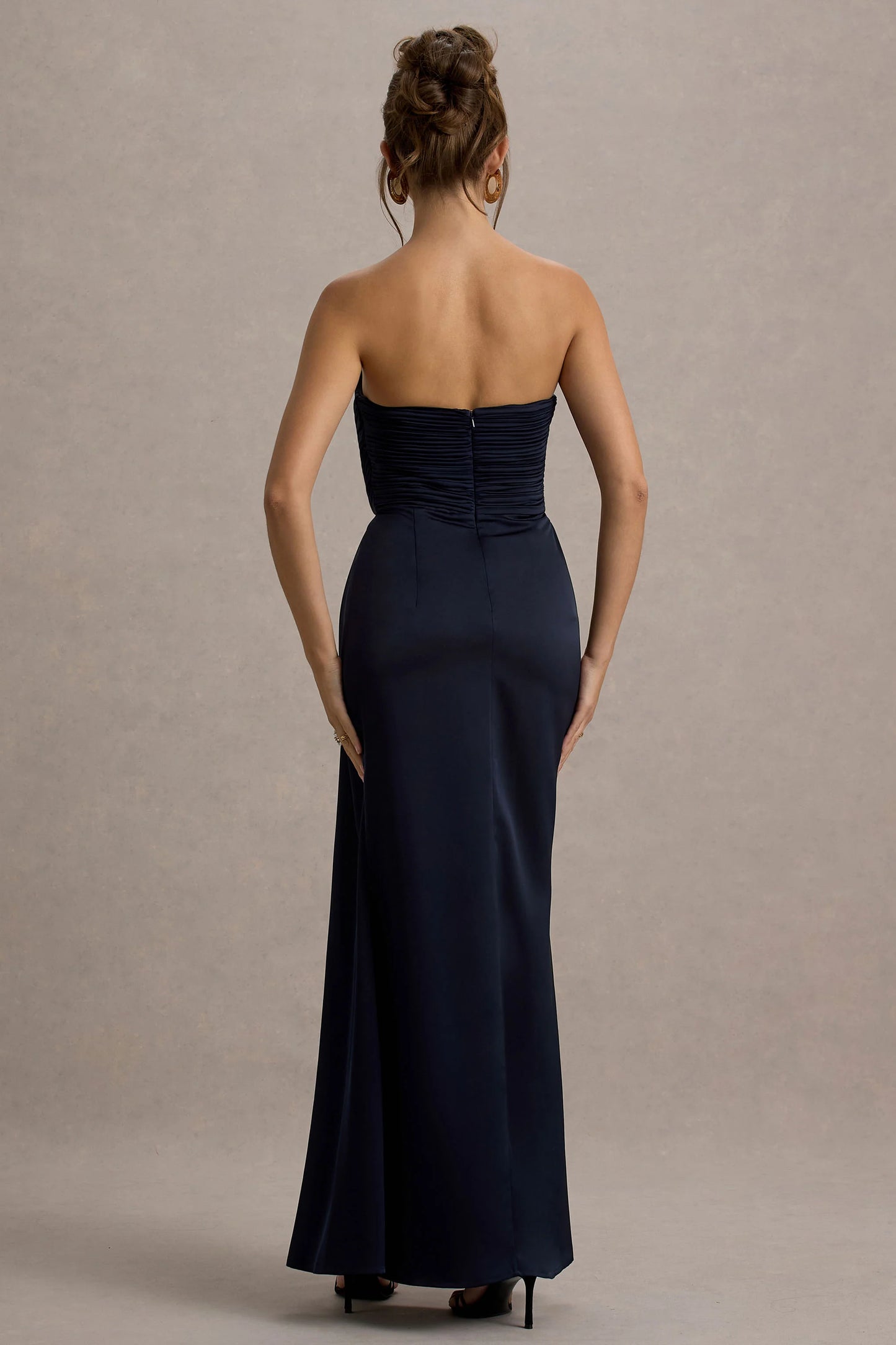 Edel | Navy Satin Strapless Maxi Dress With Drape